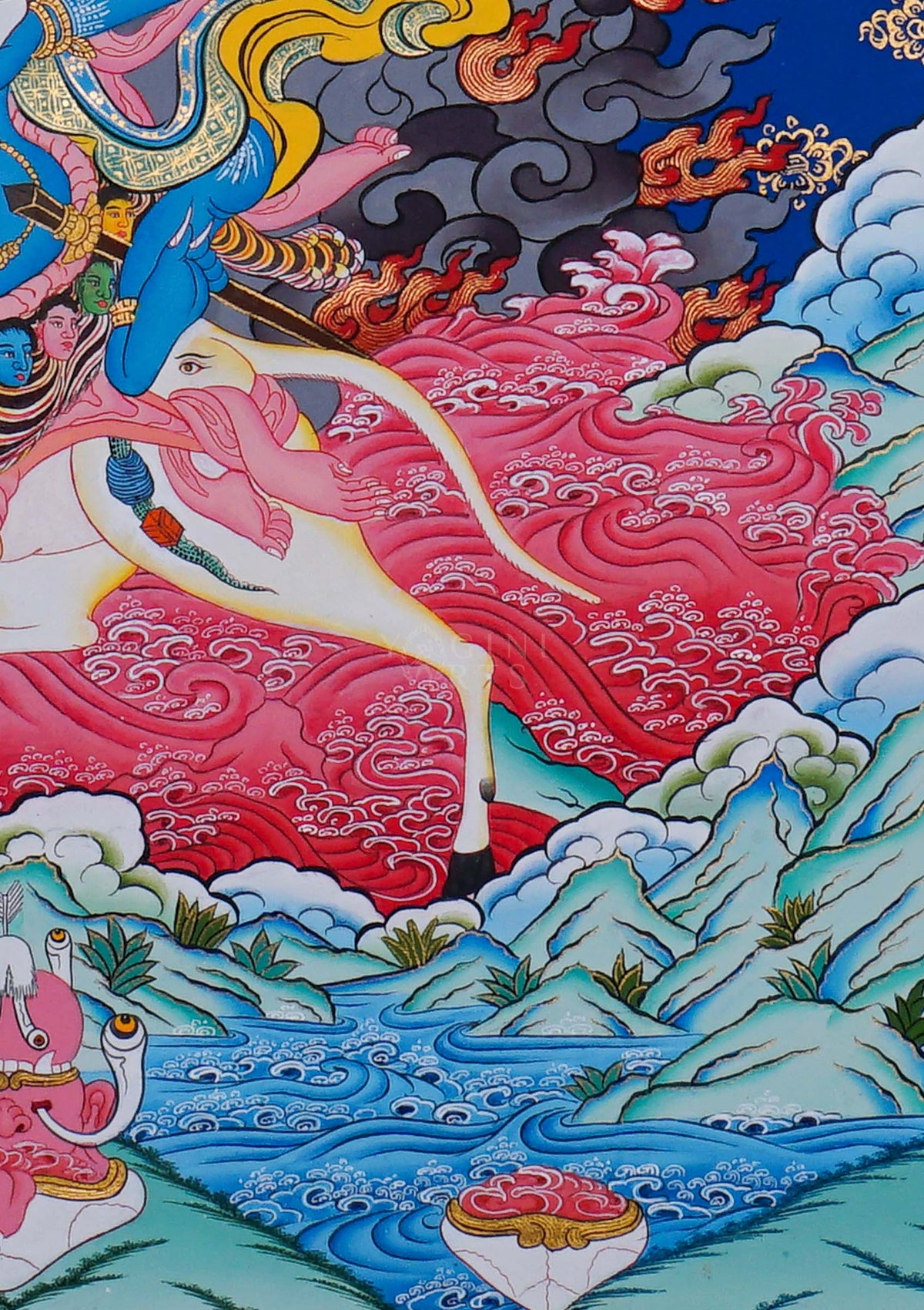Palden Lhamo Tibetan Buddhist Thangka painting riding a mule, hand painted in Nepal