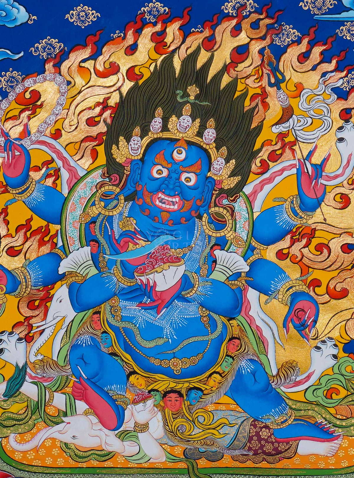 6 Hand Mahakala Thangka painting with flames and Tibetan Buddhist symbolism, traditional Nepalese Buddhist art