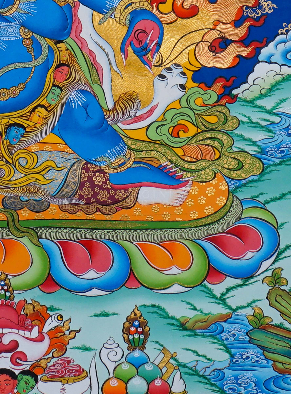 6 Hand Mahakala Thangka painting with flames and Tibetan Buddhist symbolism, traditional Nepalese Buddhist art