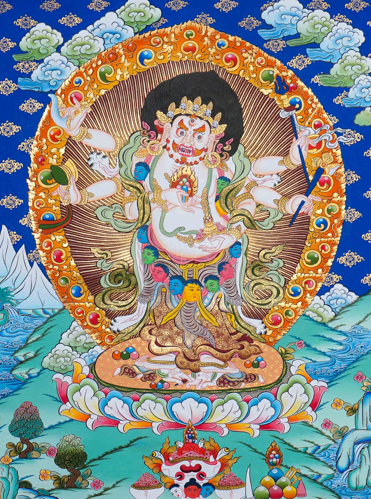 White Mahakala Thangka painting with sacred flames, lotus throne and Tibetan Buddhist symbolism, traditional Nepalese Buddhist art
