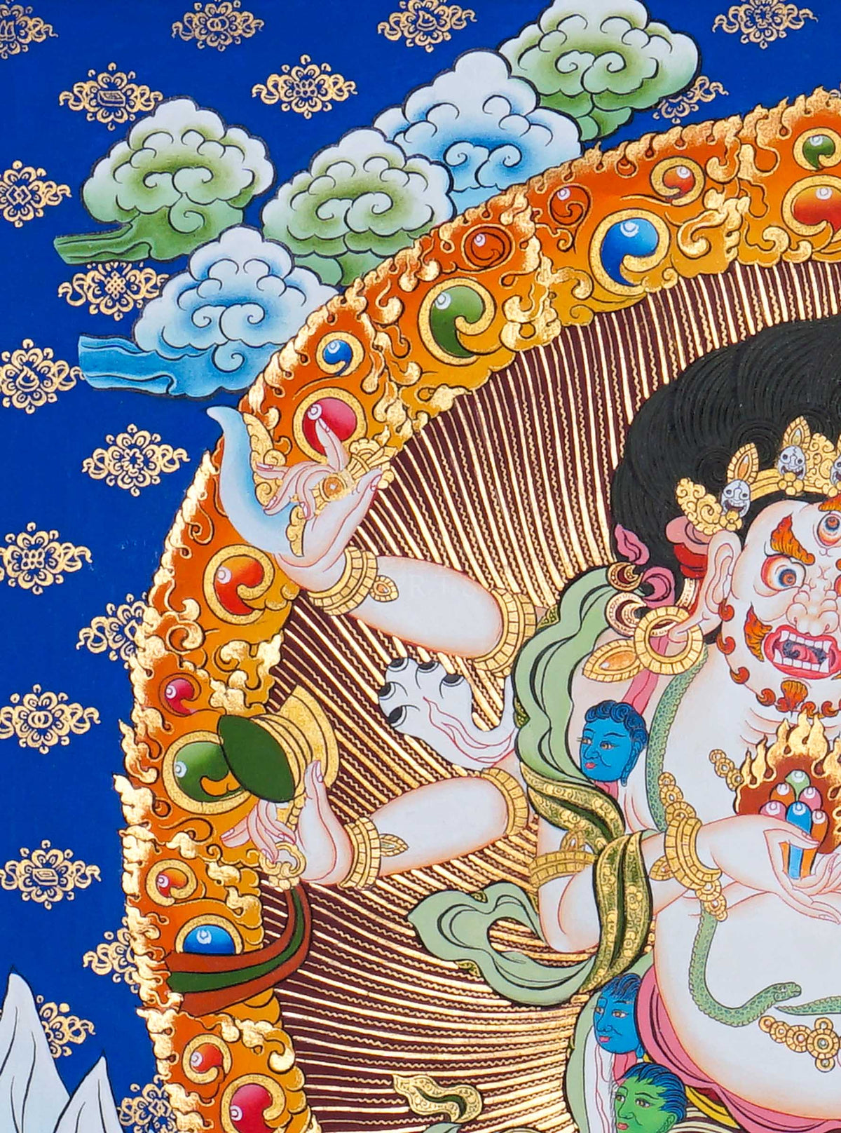 White Mahakala Thangka painting with sacred flames, lotus throne and Tibetan Buddhist symbolism, traditional Nepalese Buddhist art