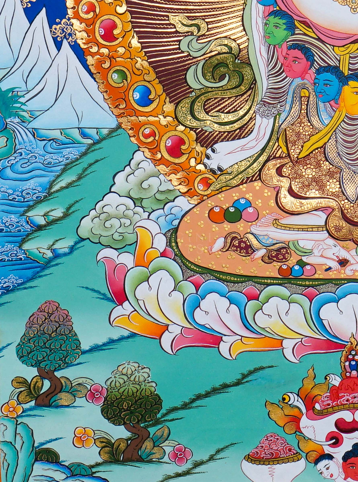 White Mahakala Thangka painting with sacred flames, lotus throne and Tibetan Buddhist symbolism, traditional Nepalese Buddhist art