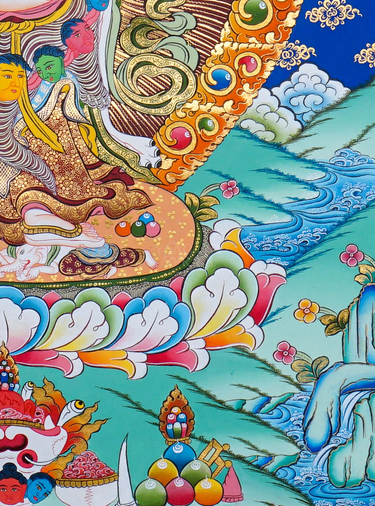 White Mahakala Thangka painting with sacred flames, lotus throne and Tibetan Buddhist symbolism, traditional Nepalese Buddhist art