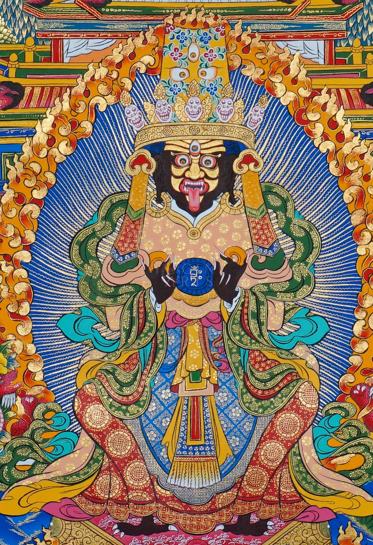 Zhaji Lhamo Thangka painting featuring Tibetan Buddhist protector deity with sacred symbols, ornate details and vibrant Himalayan artwork from Nepal