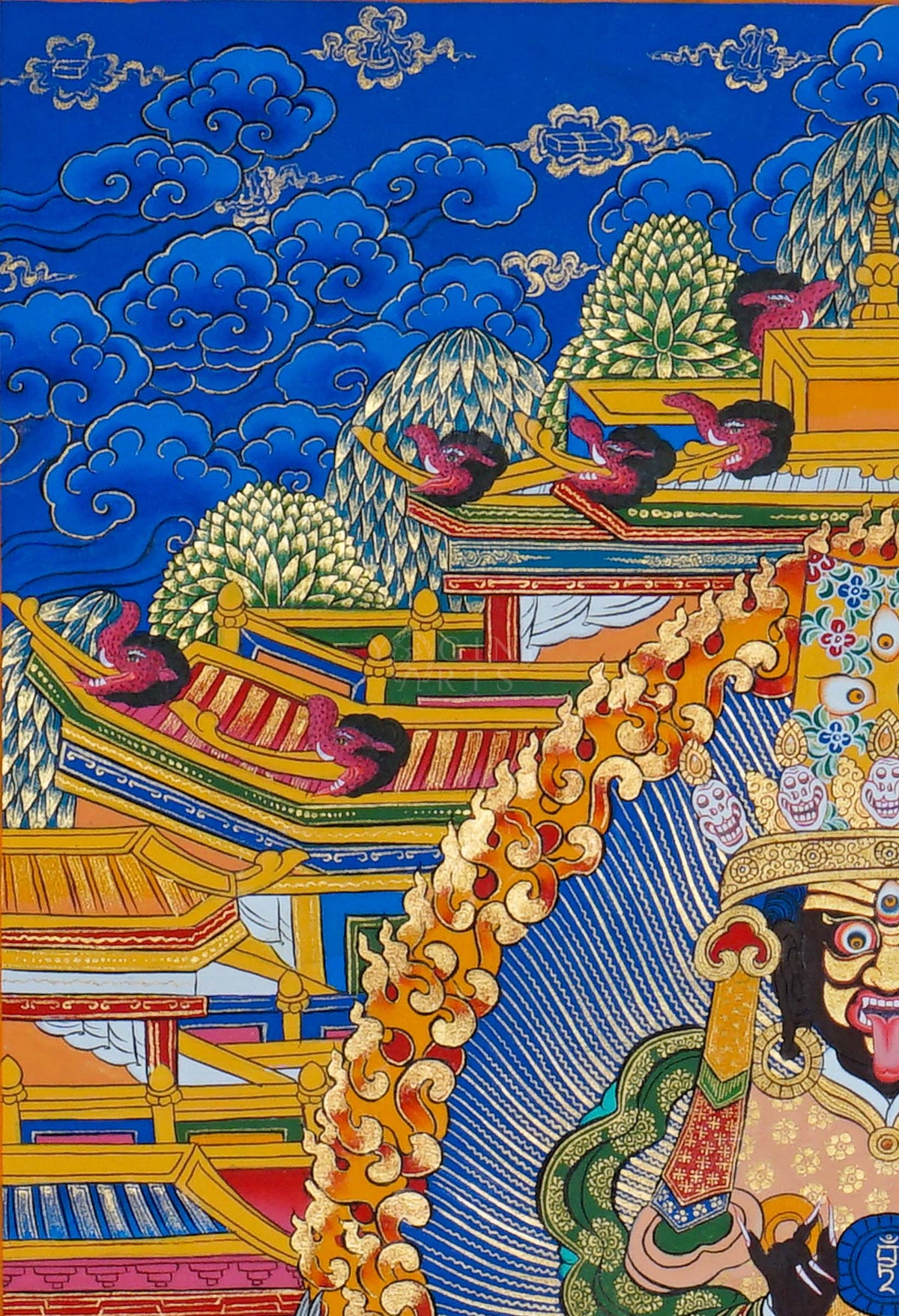 Zhaji Lhamo Thangka painting featuring Tibetan Buddhist protector deity with sacred symbols, ornate details and vibrant Himalayan artwork from Nepal