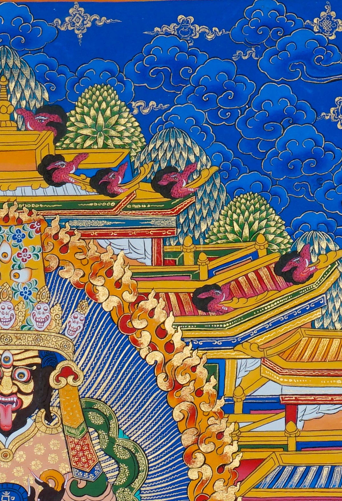 Zhaji Lhamo Thangka painting featuring Tibetan Buddhist protector deity with sacred symbols, ornate details and vibrant Himalayan artwork from Nepal