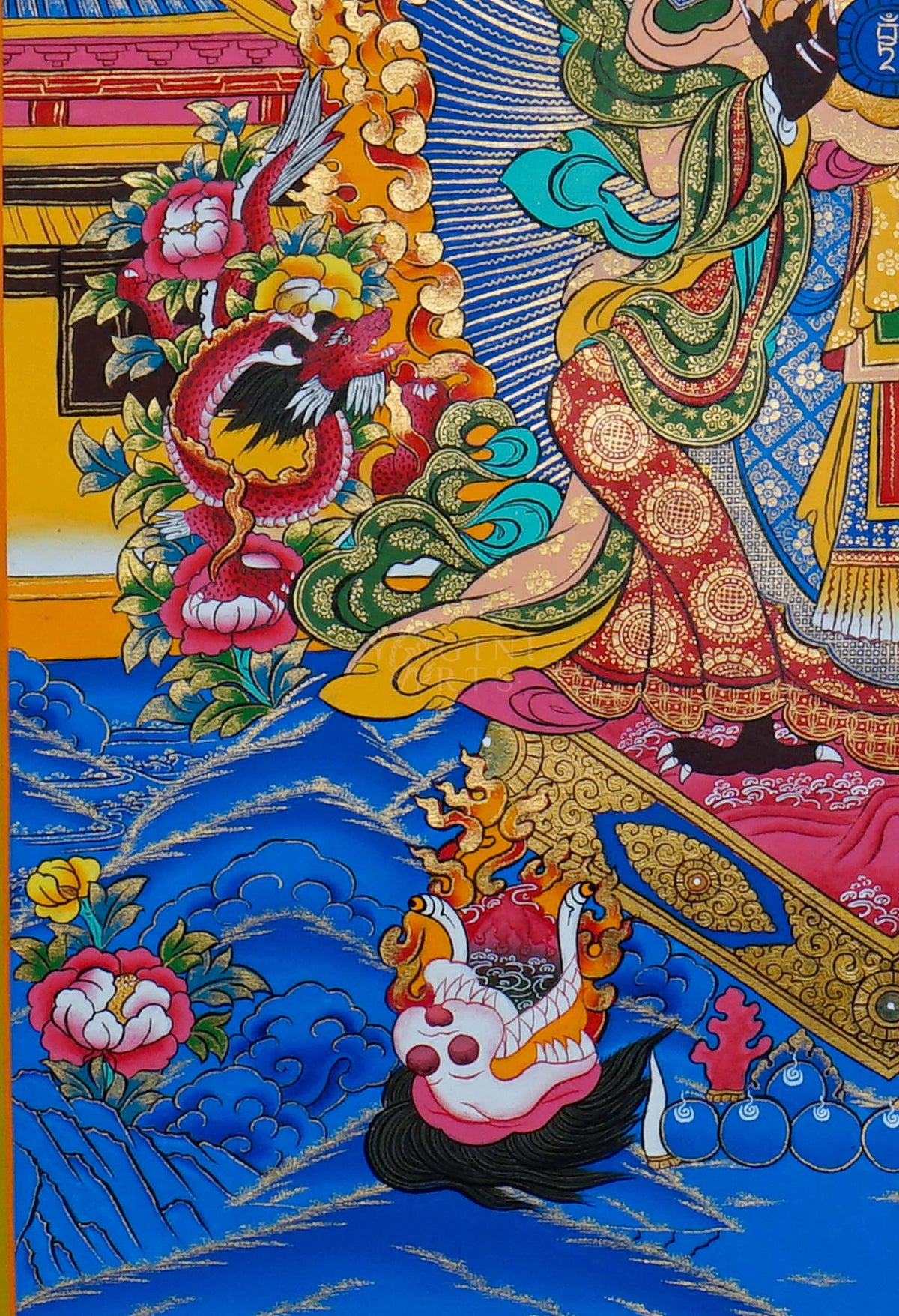 Zhaji Lhamo Thangka painting featuring Tibetan Buddhist protector deity with sacred symbols, ornate details and vibrant Himalayan artwork from Nepal