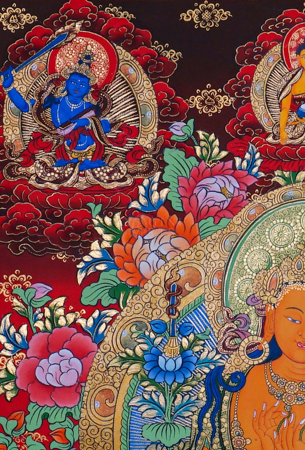 Manjushree Thangka painting with central Buddhist deity, surrounding figures, lotus motifs and intricate traditional Himalayan Buddhist artwork from Nepal