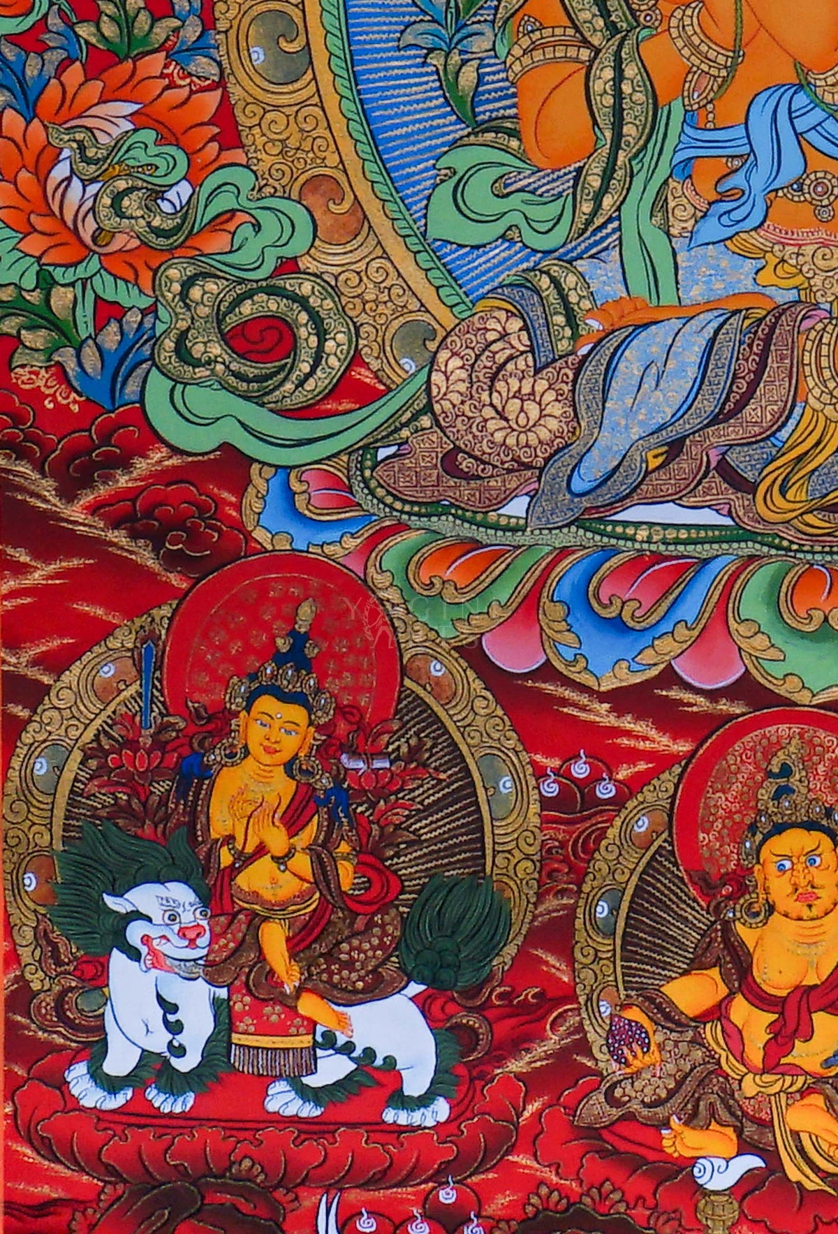 Manjushree Thangka painting with central Buddhist deity, surrounding figures, lotus motifs and intricate traditional Himalayan Buddhist artwork from Nepal