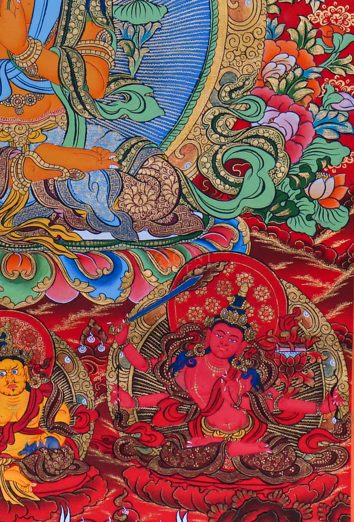 Manjushree Thangka painting with central Buddhist deity, surrounding figures, lotus motifs and intricate traditional Himalayan Buddhist artwork from Nepal