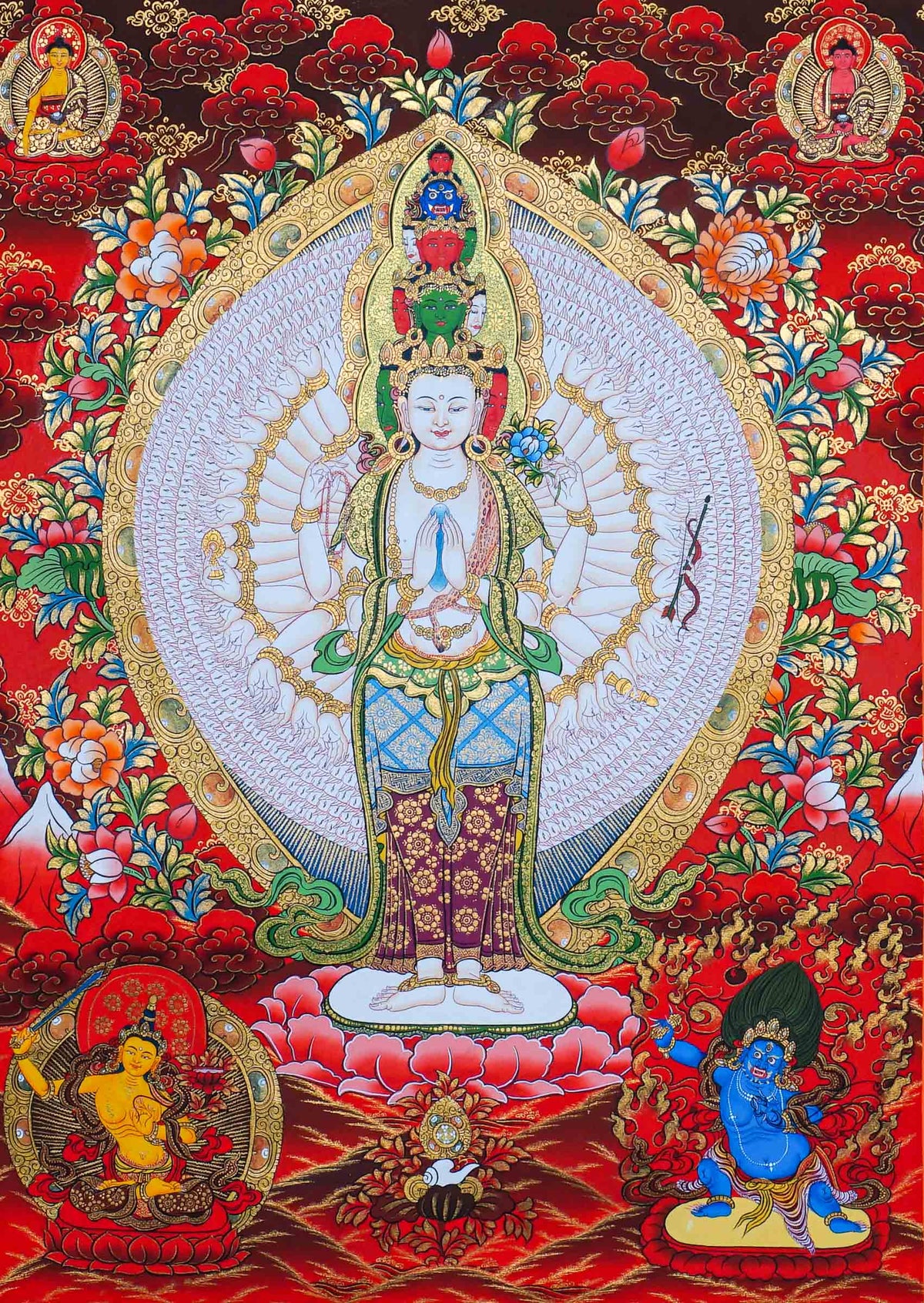 Avalokeshwor Thangka painting featuring the compassionate bodhisattva with multiple arms, Buddhist figures, lotus motifs and intricate Himalayan Buddhist artwork from Nepal