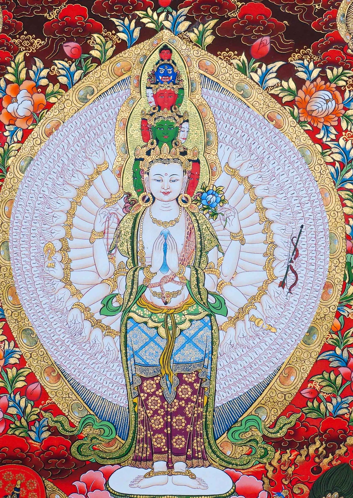 Avalokeshwor Thangka painting featuring the compassionate bodhisattva with multiple arms, Buddhist figures, lotus motifs and intricate Himalayan Buddhist artwork from Nepal
