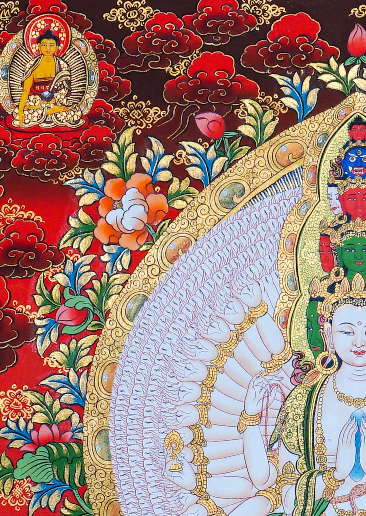 Avalokeshwor Thangka painting featuring the compassionate bodhisattva with multiple arms, Buddhist figures, lotus motifs and intricate Himalayan Buddhist artwork from Nepal