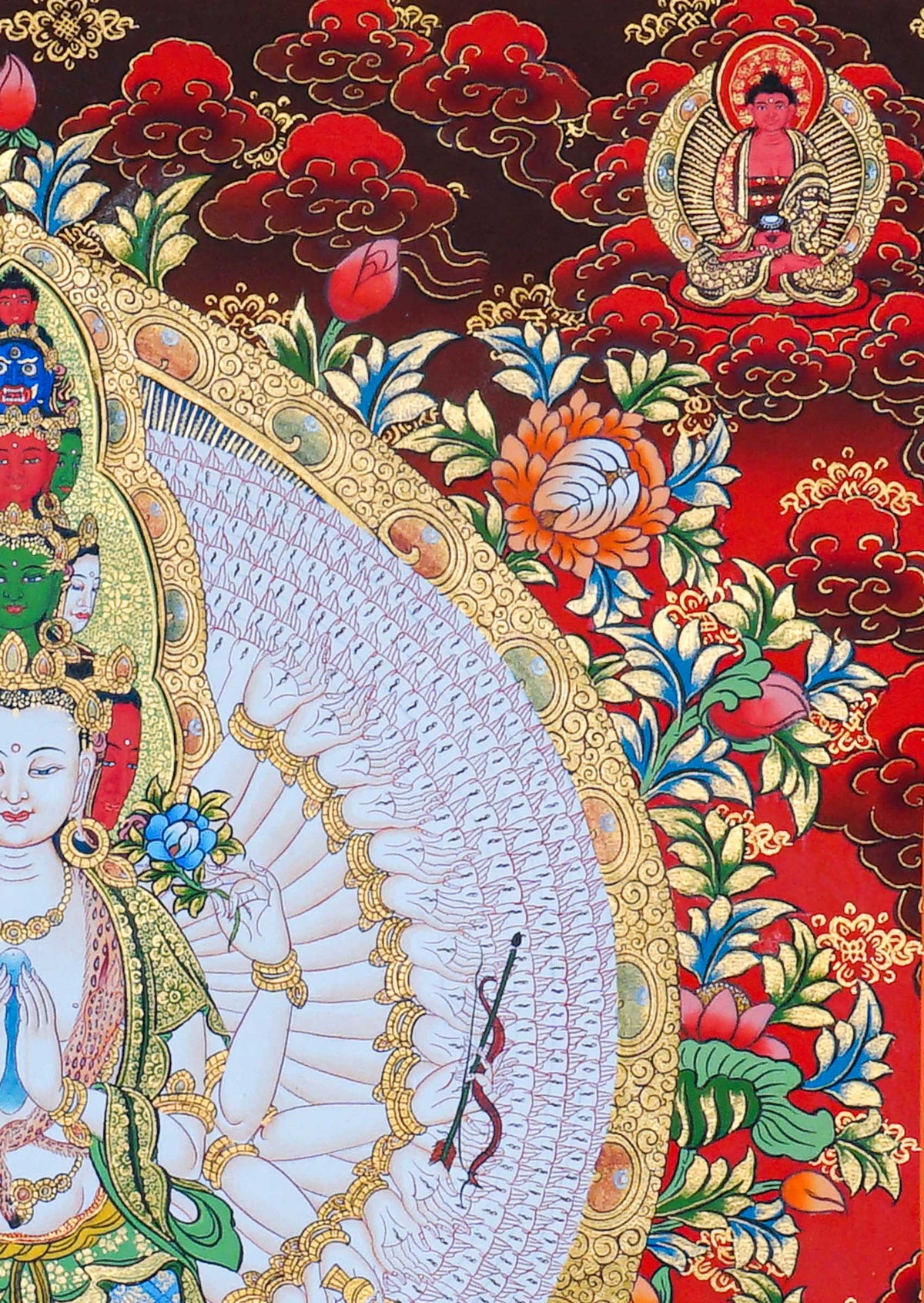 Avalokeshwor Thangka painting featuring the compassionate bodhisattva with multiple arms, Buddhist figures, lotus motifs and intricate Himalayan Buddhist artwork from Nepal