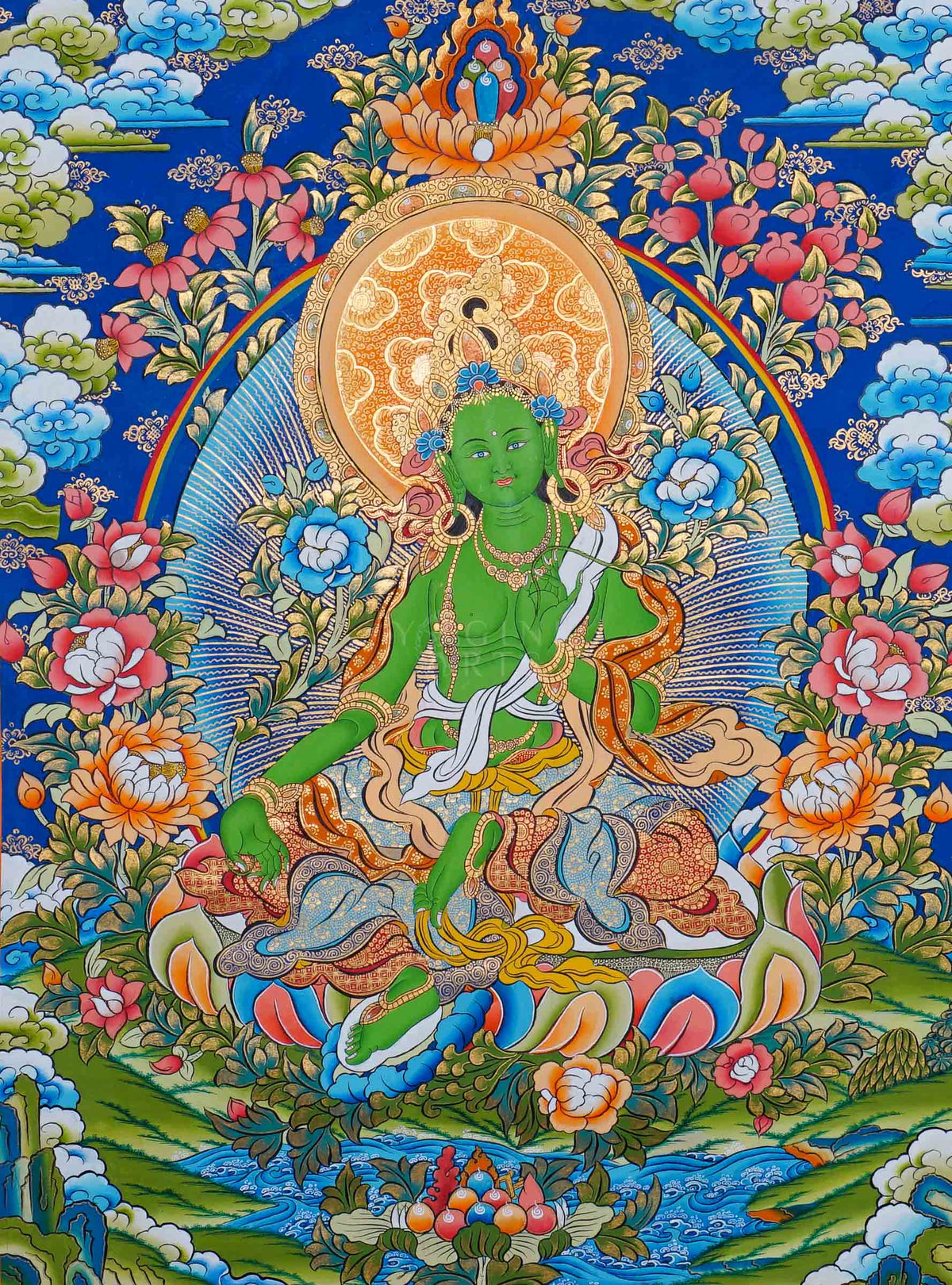 Green Tara Thangka painting depicting Green Tara seated on a lotus throne surrounded by flowers, clouds and intricate traditional Tibetan Buddhist artwork from Nepal