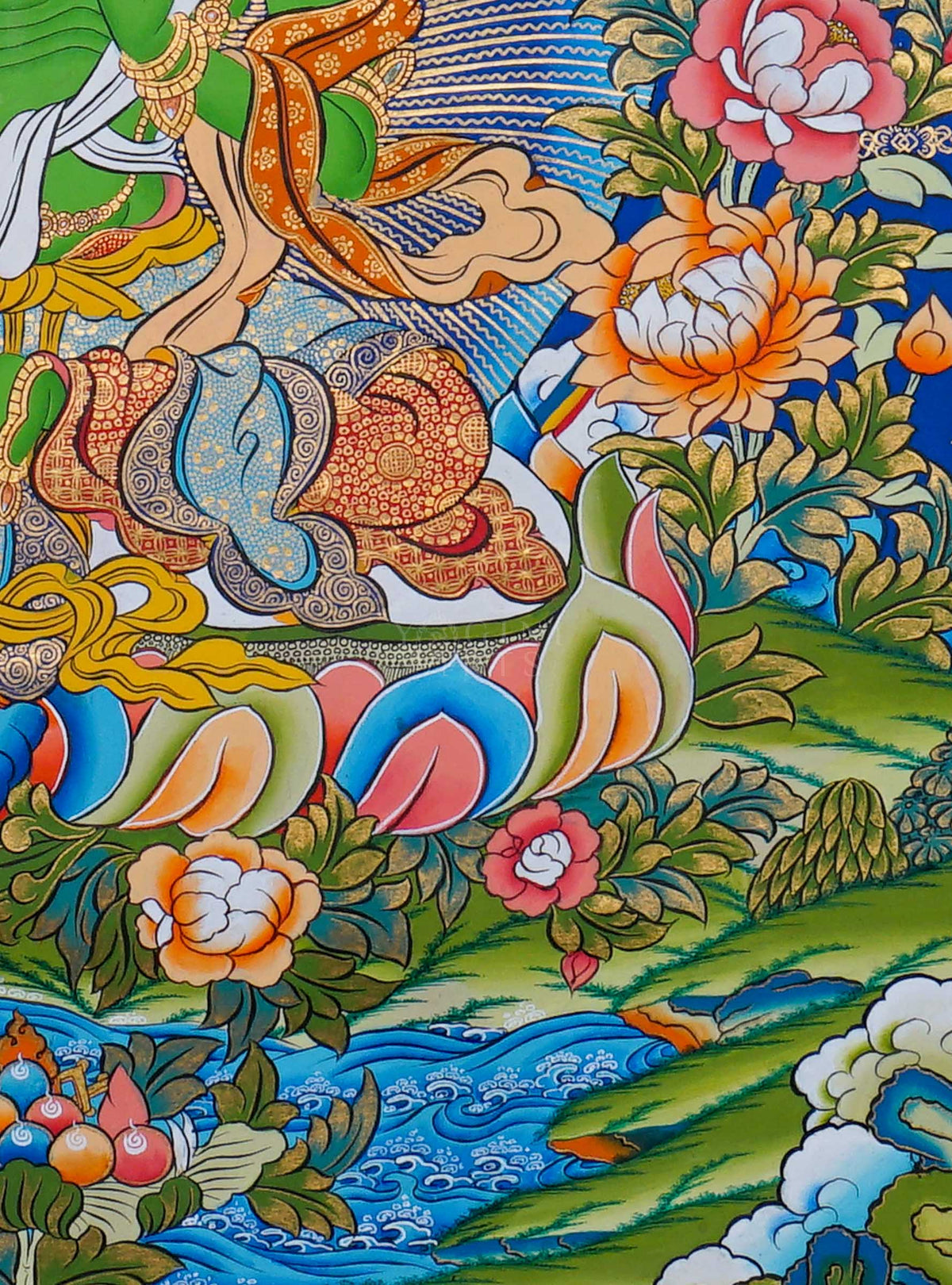 Green Tara Thangka painting depicting Green Tara seated on a lotus throne surrounded by flowers, clouds and intricate traditional Tibetan Buddhist artwork from Nepal
