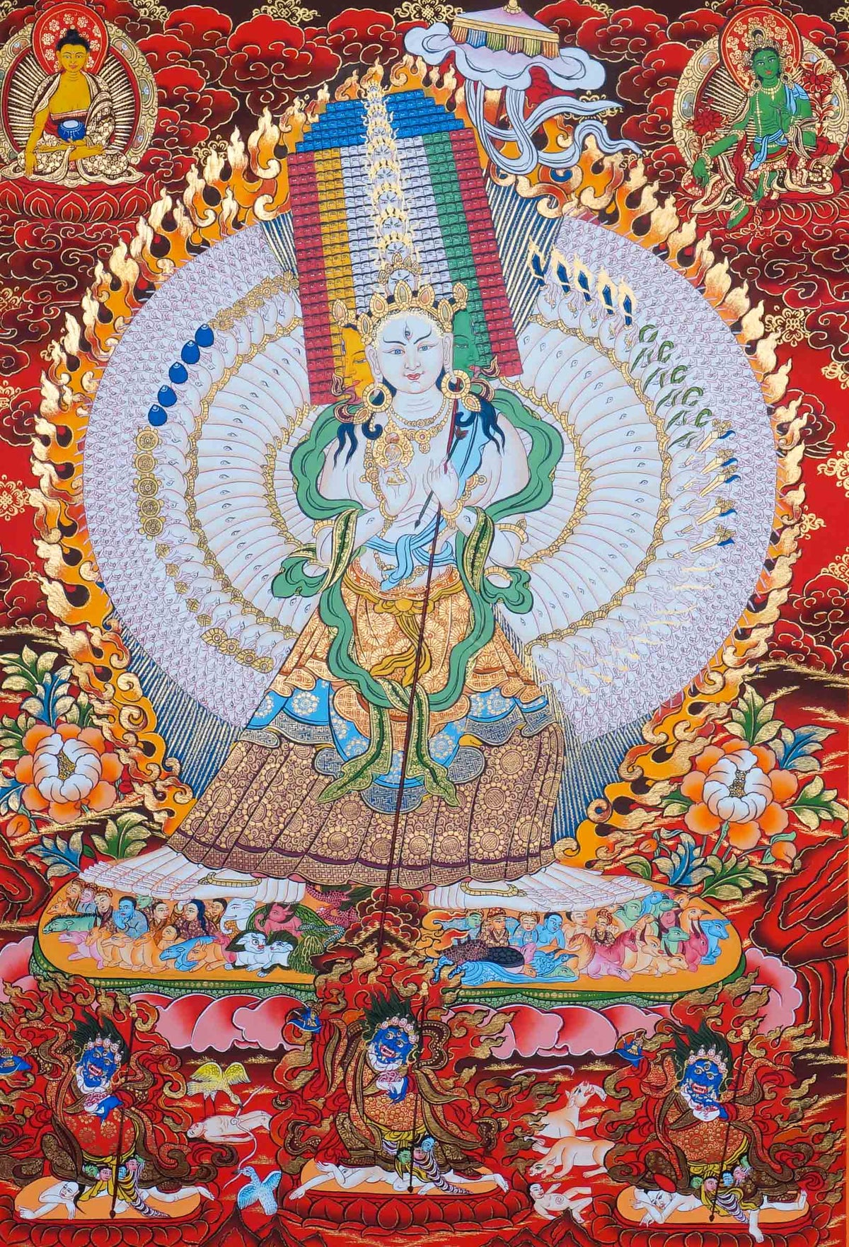 Dhukkar Thangka painting depicting the White Umbrella deity surrounded by protective figures, flames, flowers and intricate Tibetan Buddhist artwork from Nepal