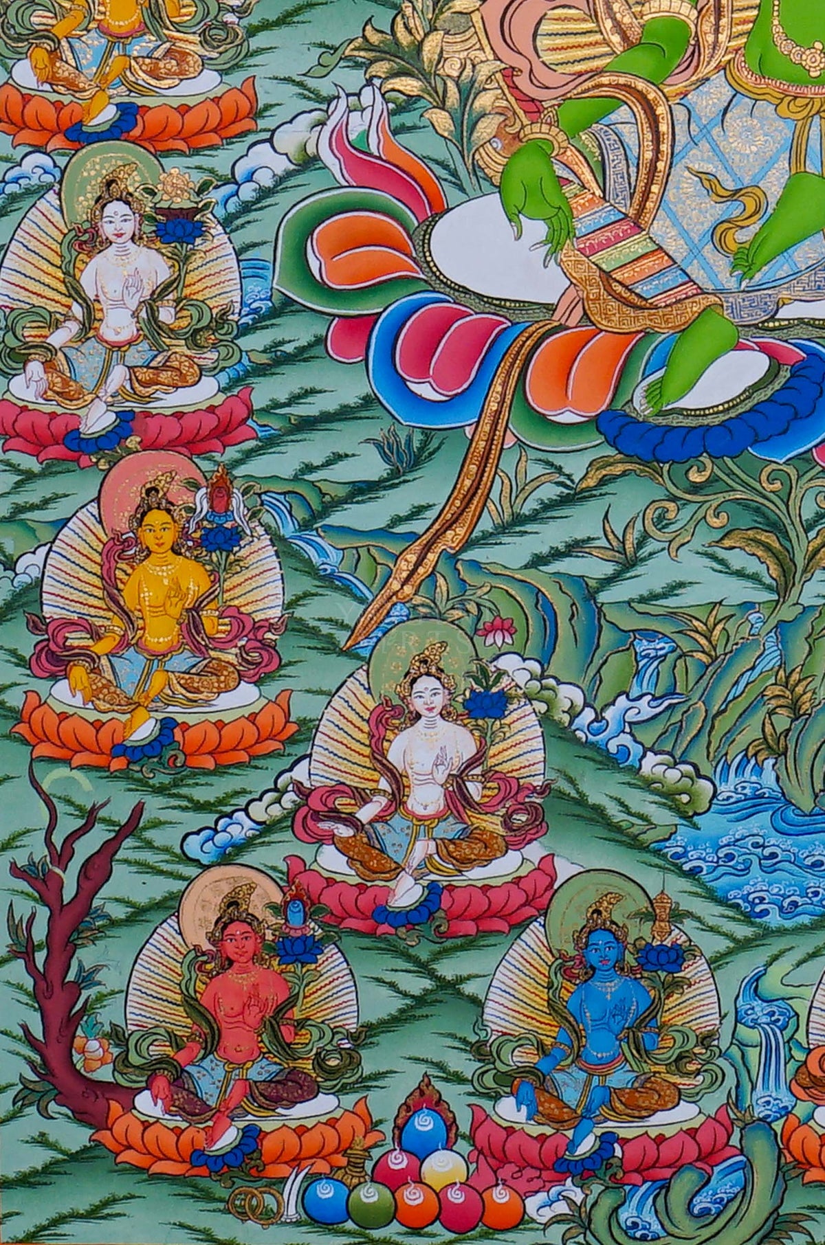 21 Tara Thangka painting featuring Green Tara surrounded by the Twenty-One Taras in traditional Tibetan Buddhist art from Nepal