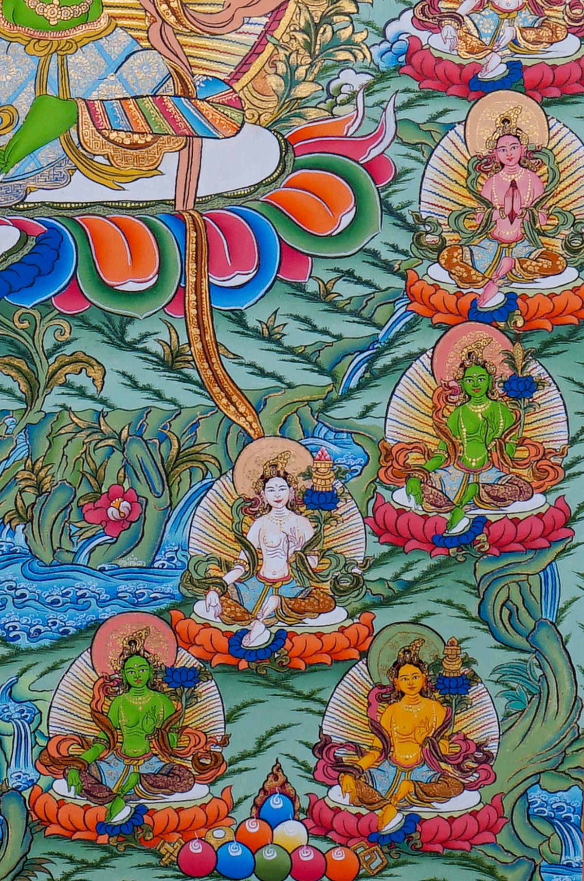 21 Tara Thangka painting featuring Green Tara surrounded by the Twenty-One Taras in traditional Tibetan Buddhist art from Nepal
