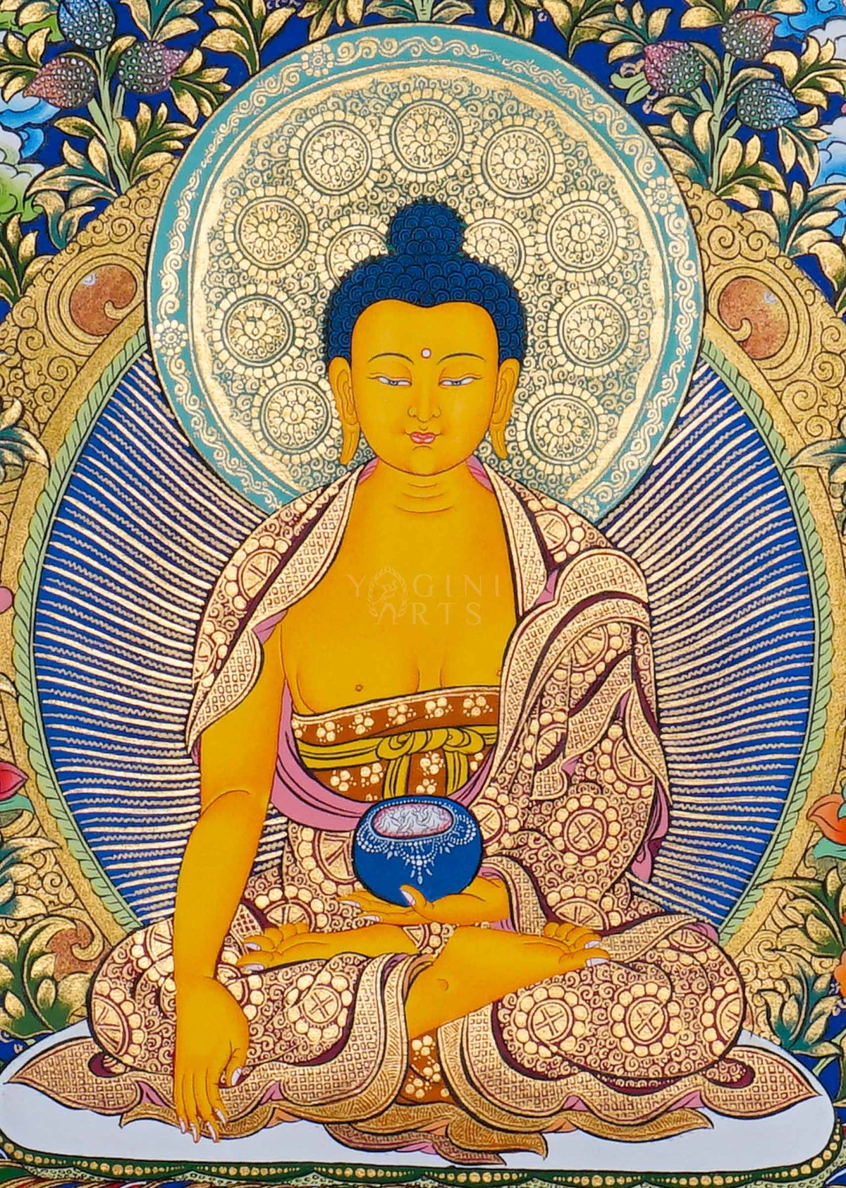 Shakyamuni Buddha Thangka painting with sacred Buddhist figures, lotus motifs and Himalayan landscape, traditional Tibetan Buddhist art from Nepal