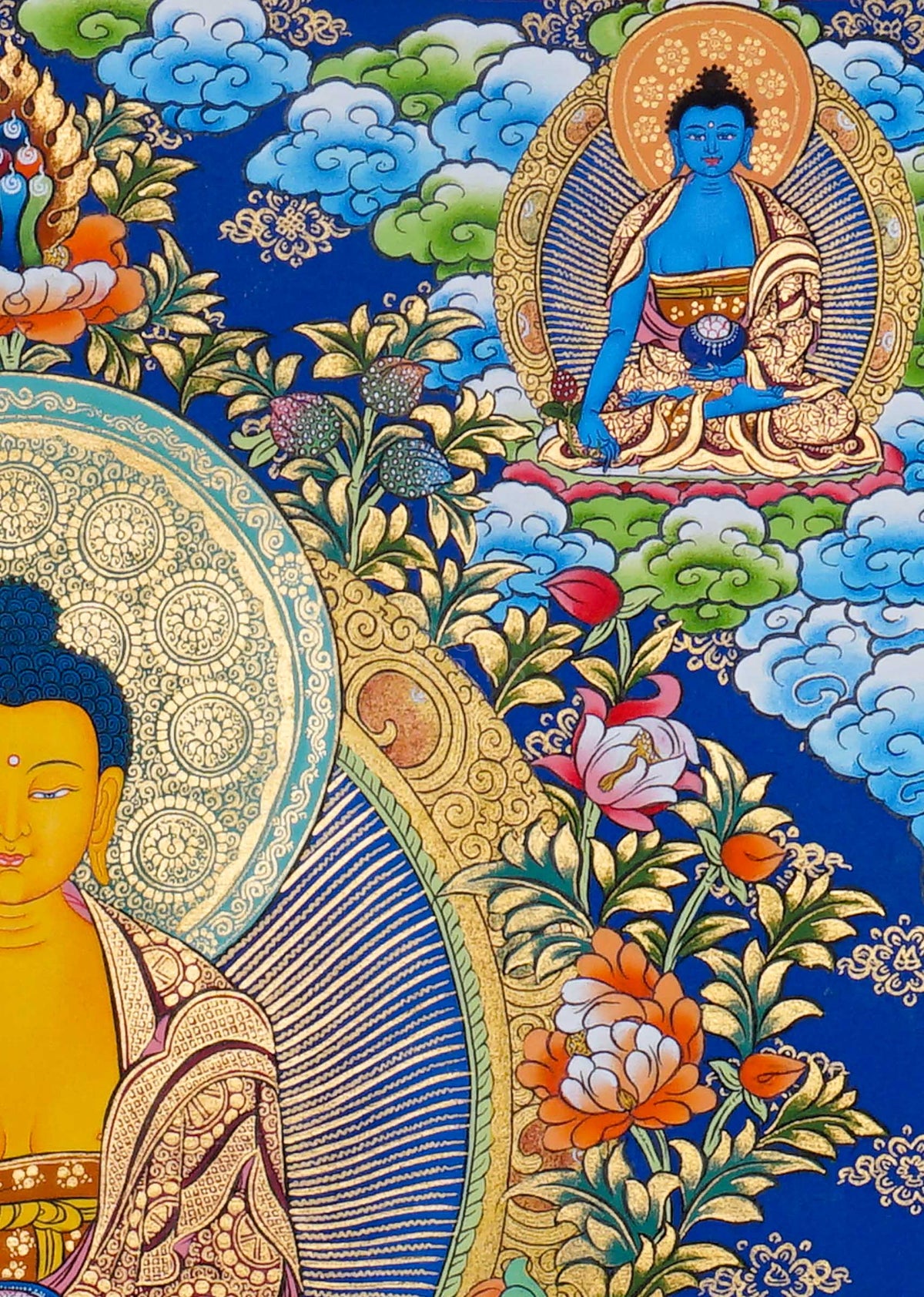 Shakyamuni Buddha Thangka painting with sacred Buddhist figures, lotus motifs and Himalayan landscape, traditional Tibetan Buddhist art from Nepal