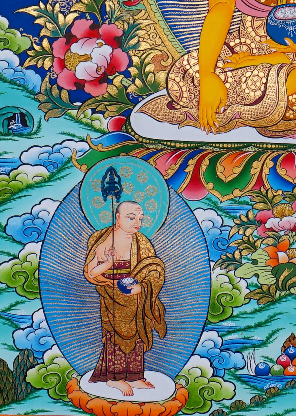 Shakyamuni Buddha Thangka painting with sacred Buddhist figures, lotus motifs and Himalayan landscape, traditional Tibetan Buddhist art from Nepal
