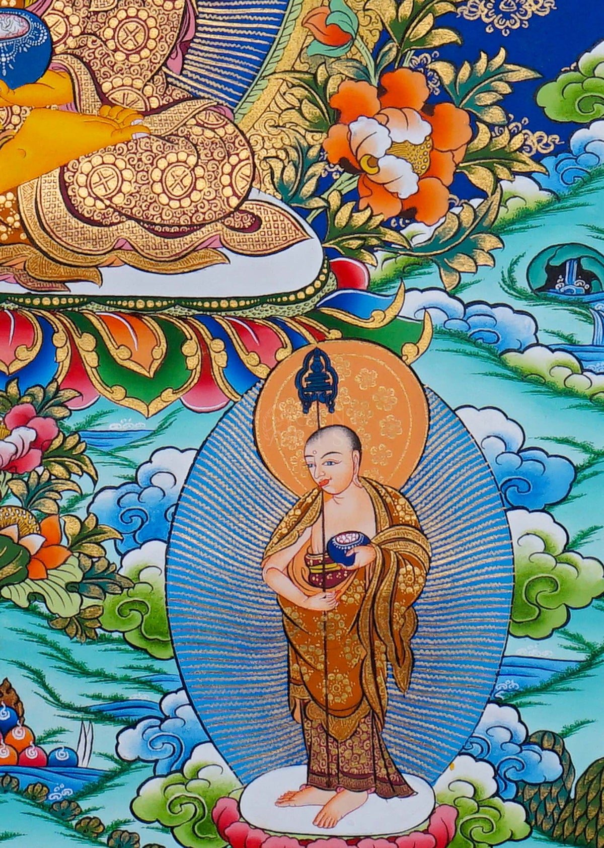 Shakyamuni Buddha Thangka painting with sacred Buddhist figures, lotus motifs and Himalayan landscape, traditional Tibetan Buddhist art from Nepal