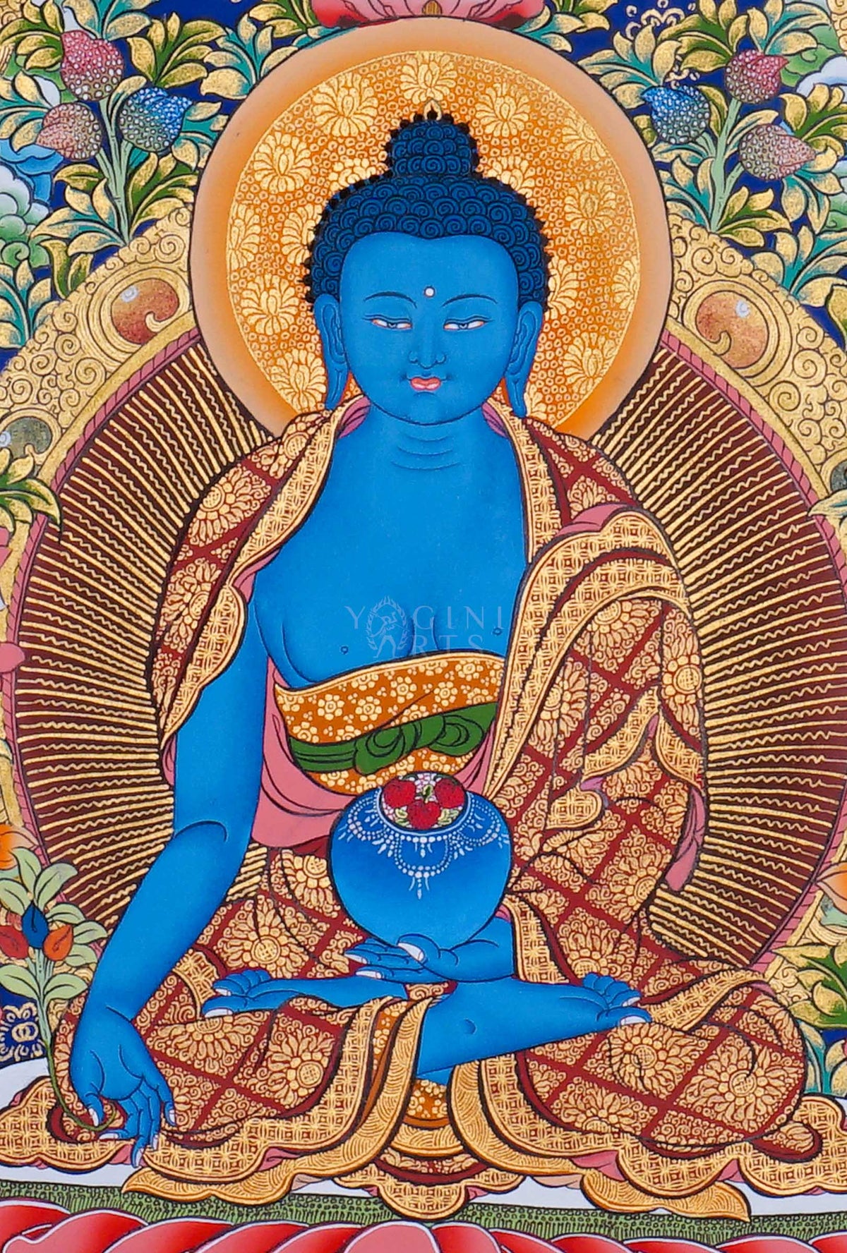 Medicine Buddha Thangka painting featuring blue Bhaisajyaguru with Buddhist figures, lotus flowers and traditional Himalayan Buddhist artwork from Nepal