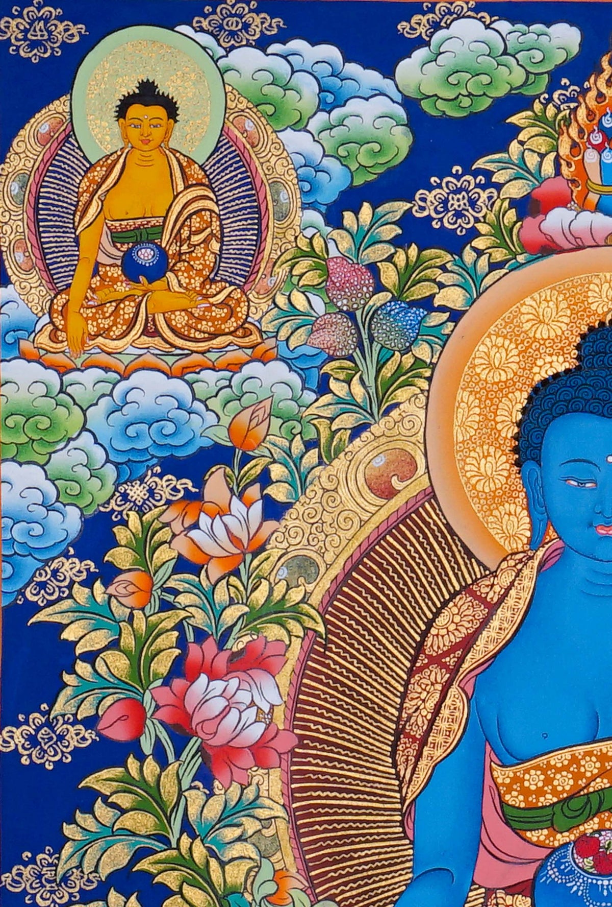 Medicine Buddha Thangka painting featuring blue Bhaisajyaguru with Buddhist figures, lotus flowers and traditional Himalayan Buddhist artwork from Nepal