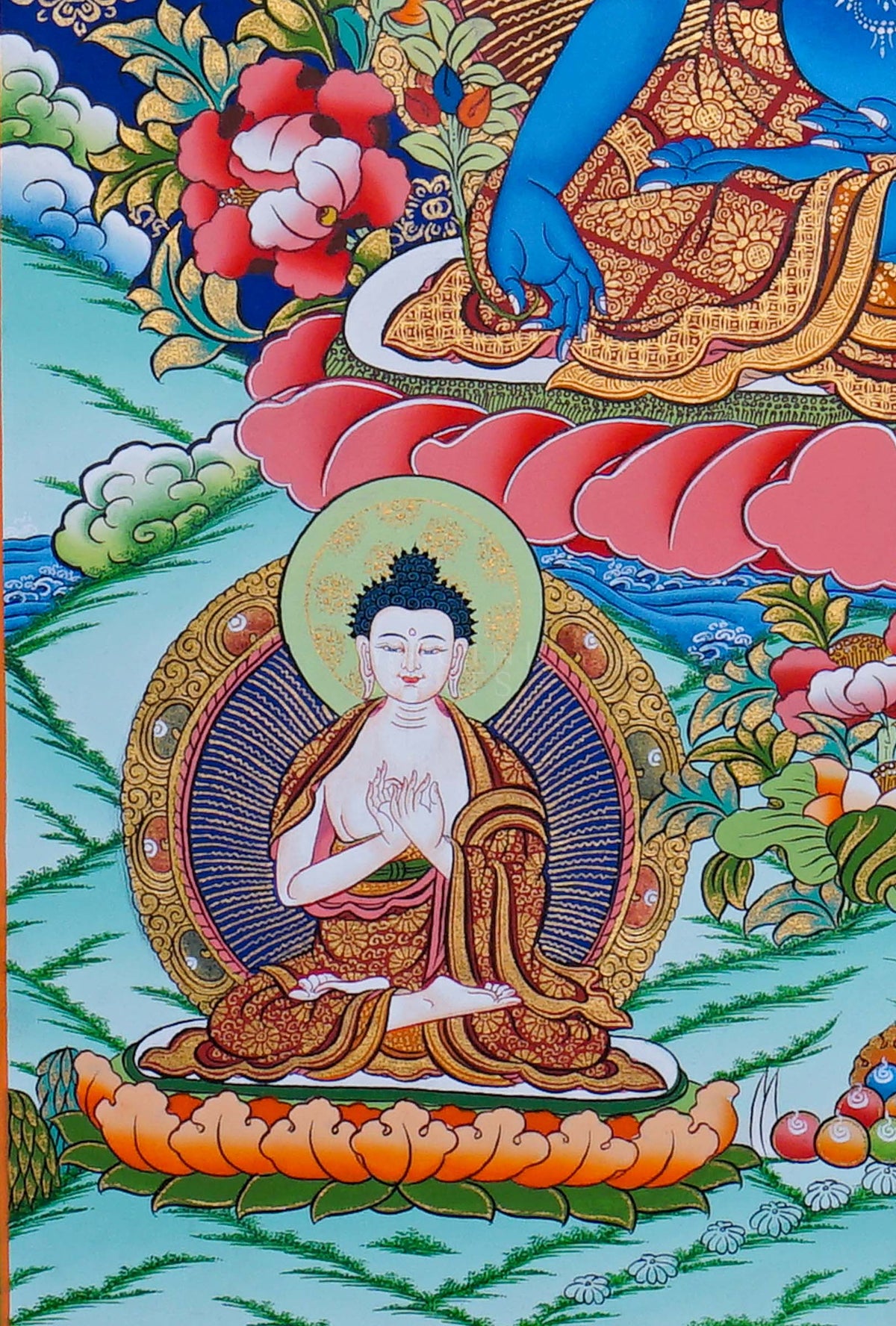 Medicine Buddha Thangka painting featuring blue Bhaisajyaguru with Buddhist figures, lotus flowers and traditional Himalayan Buddhist artwork from Nepal