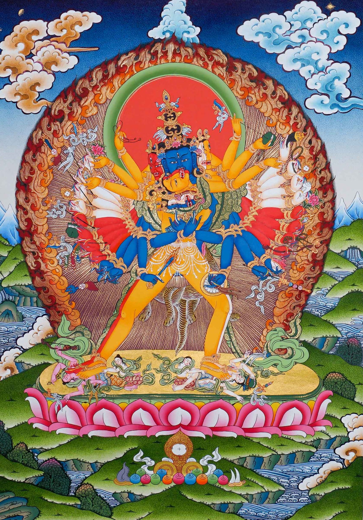 KalChakra Thangka painting depicting the KalChakra deity with sacred flames, lotus base, Himalayan landscape and traditional Tibetan Buddhist artwork from Nepal