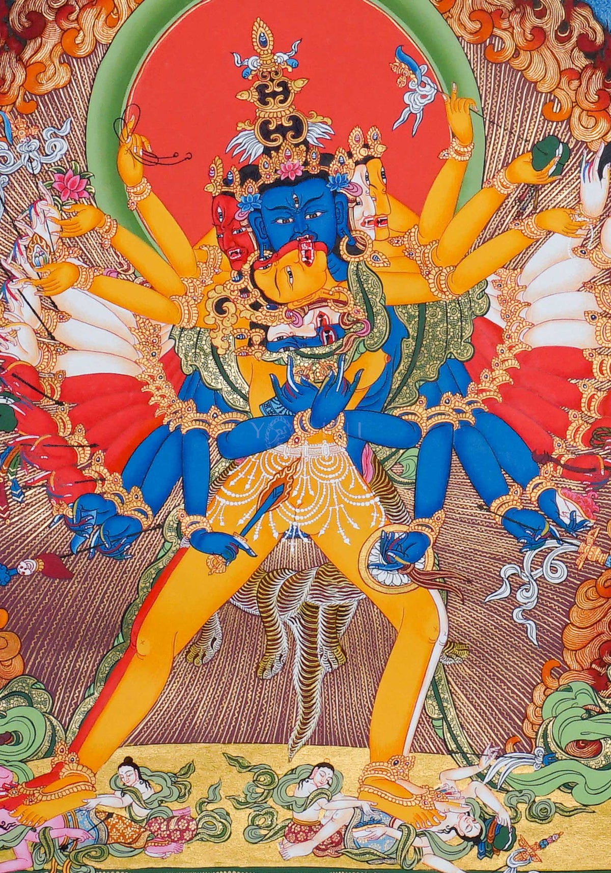 KalChakra Thangka painting depicting the KalChakra deity with sacred flames, lotus base, Himalayan landscape and traditional Tibetan Buddhist artwork from Nepal
