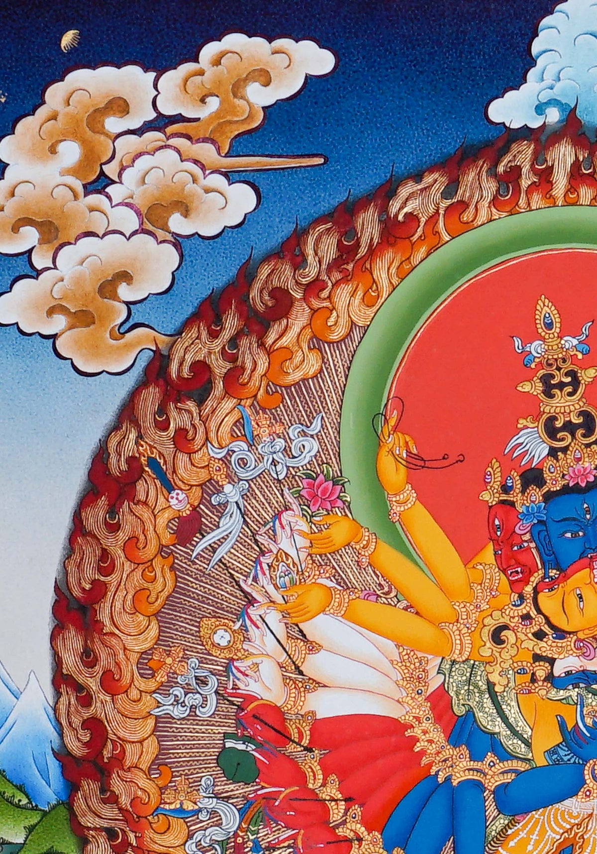 KalChakra Thangka painting depicting the KalChakra deity with sacred flames, lotus base, Himalayan landscape and traditional Tibetan Buddhist artwork from Nepal