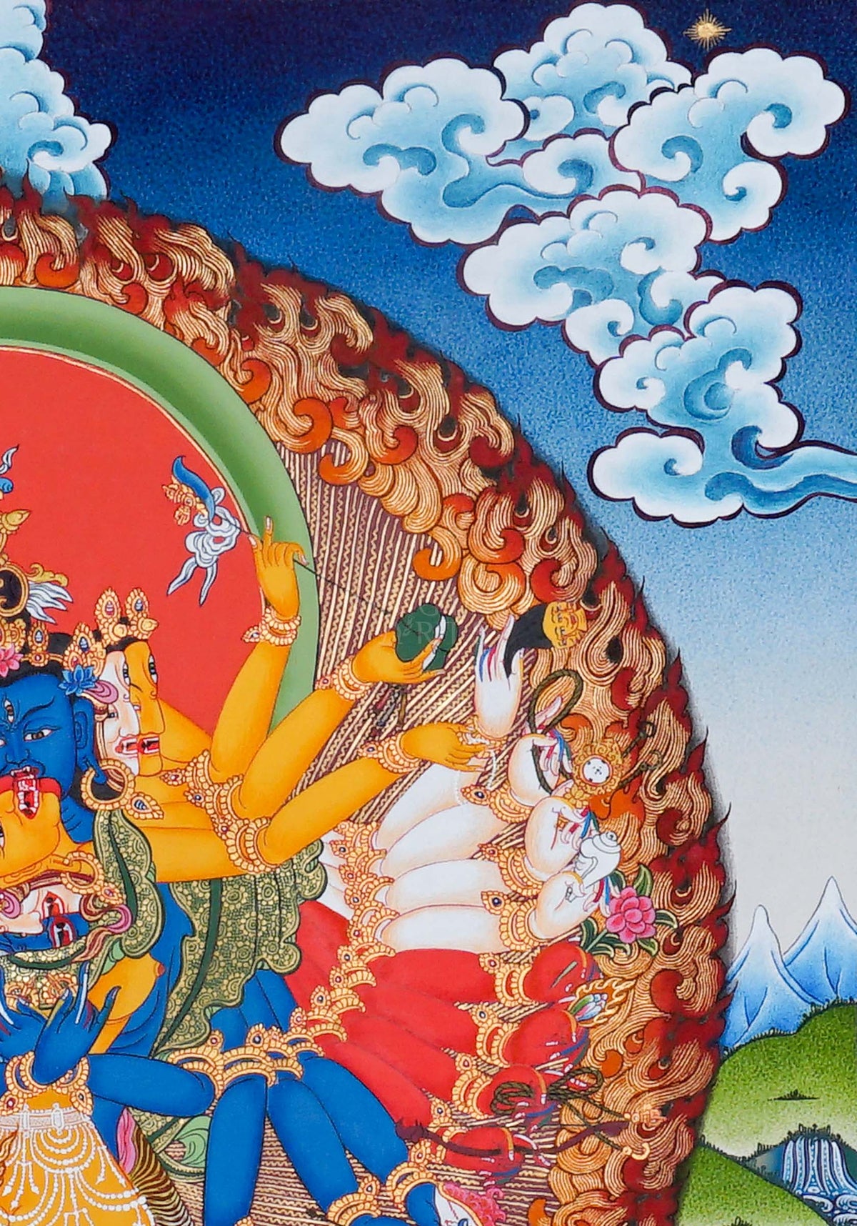 KalChakra Thangka painting depicting the KalChakra deity with sacred flames, lotus base, Himalayan landscape and traditional Tibetan Buddhist artwork from Nepal