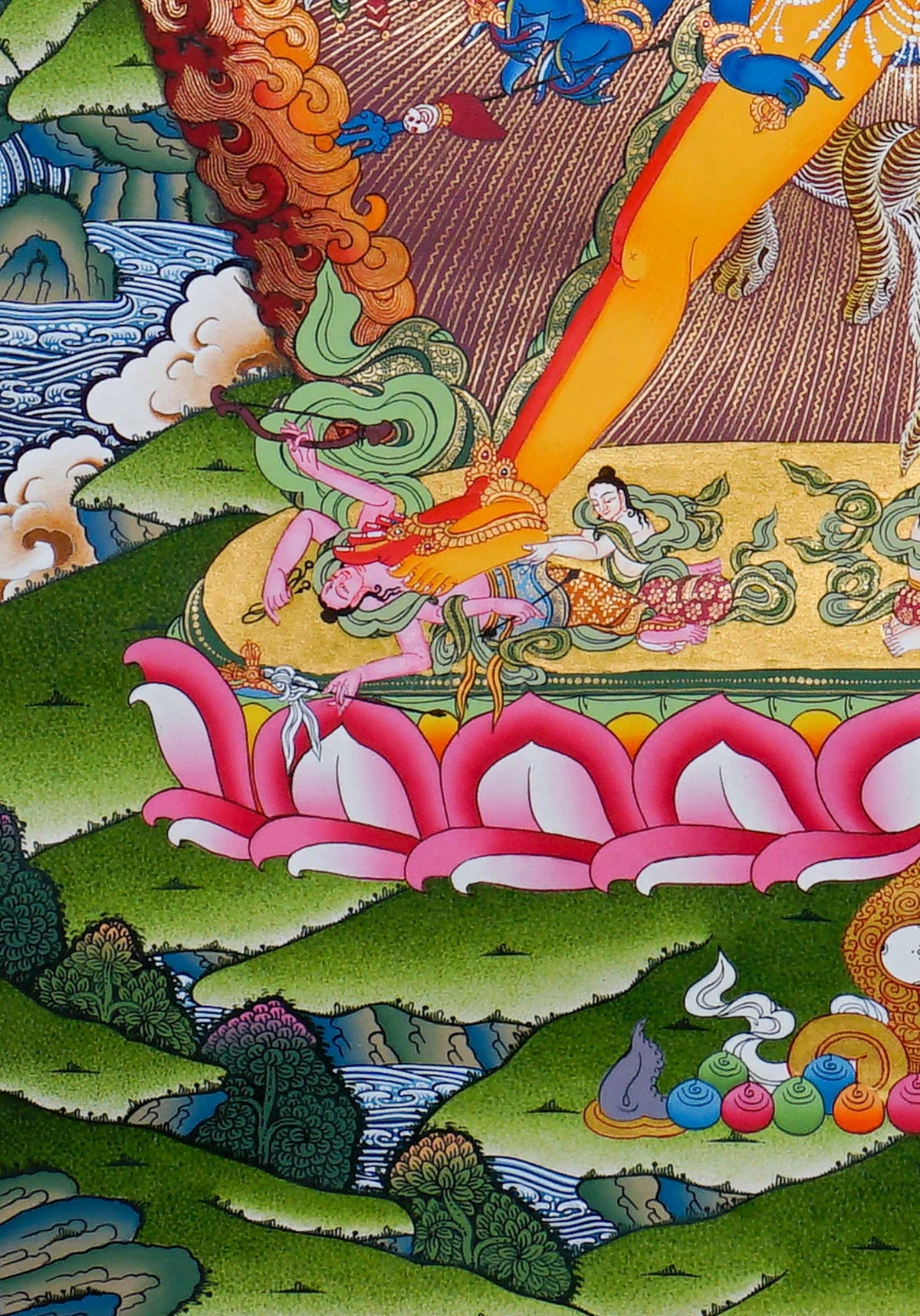 KalChakra Thangka painting depicting the KalChakra deity with sacred flames, lotus base, Himalayan landscape and traditional Tibetan Buddhist artwork from Nepal