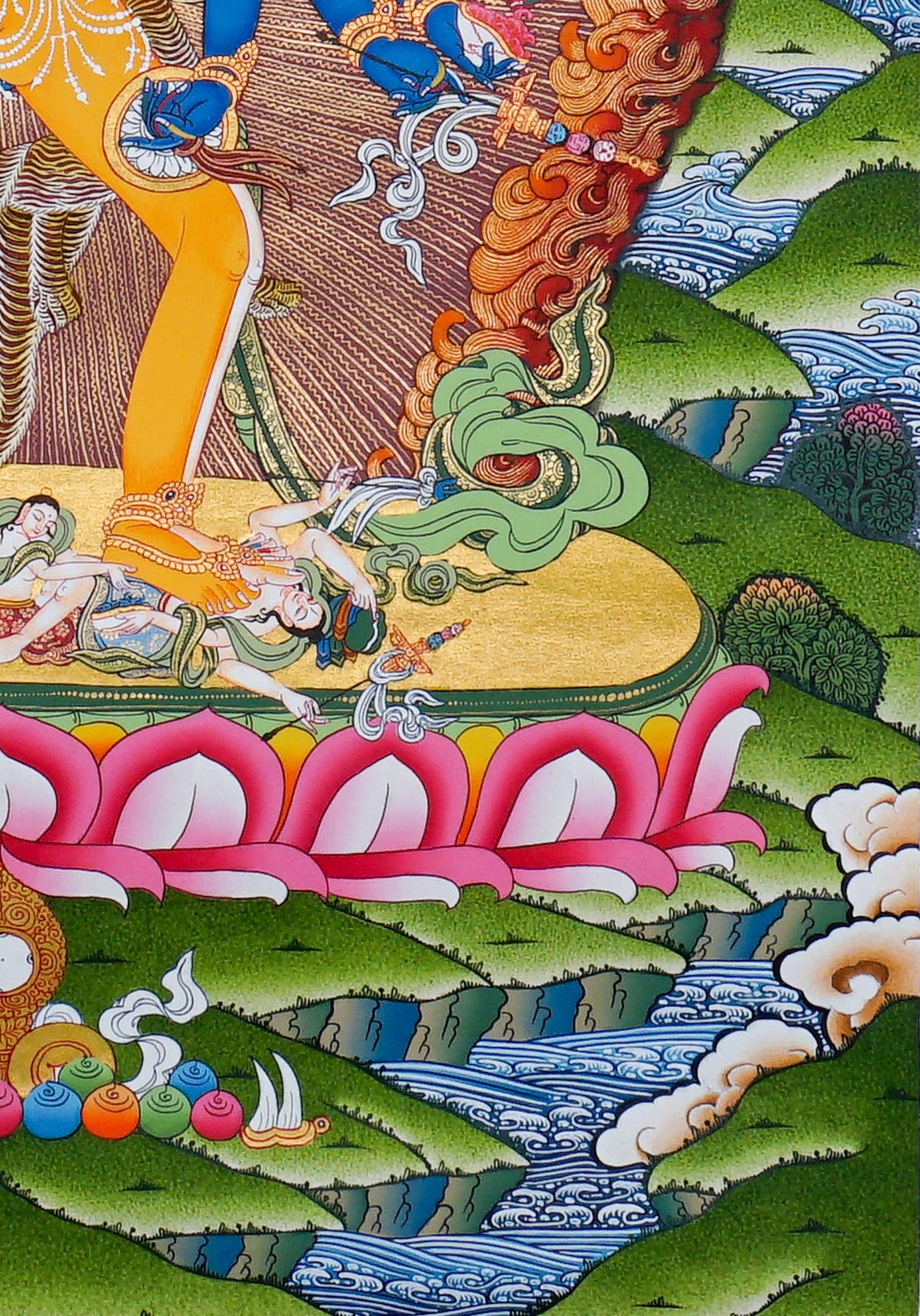 KalChakra Thangka painting depicting the KalChakra deity with sacred flames, lotus base, Himalayan landscape and traditional Tibetan Buddhist artwork from Nepal