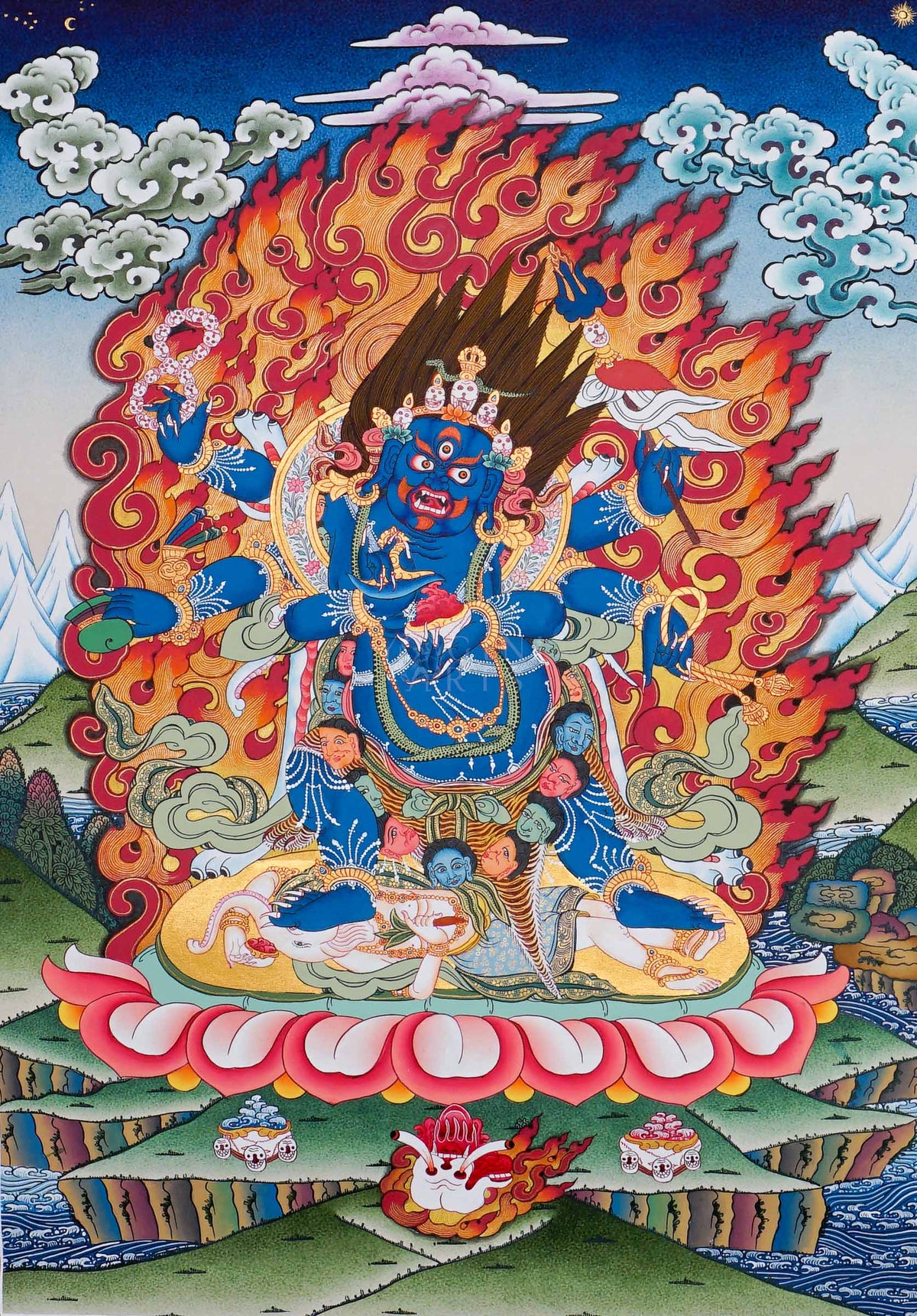 Mahakala Thangka painting depicting the blue Buddhist protector surrounded by sacred flames, lotus details and Himalayan landscape in traditional Tibetan Buddhist art from Nepal