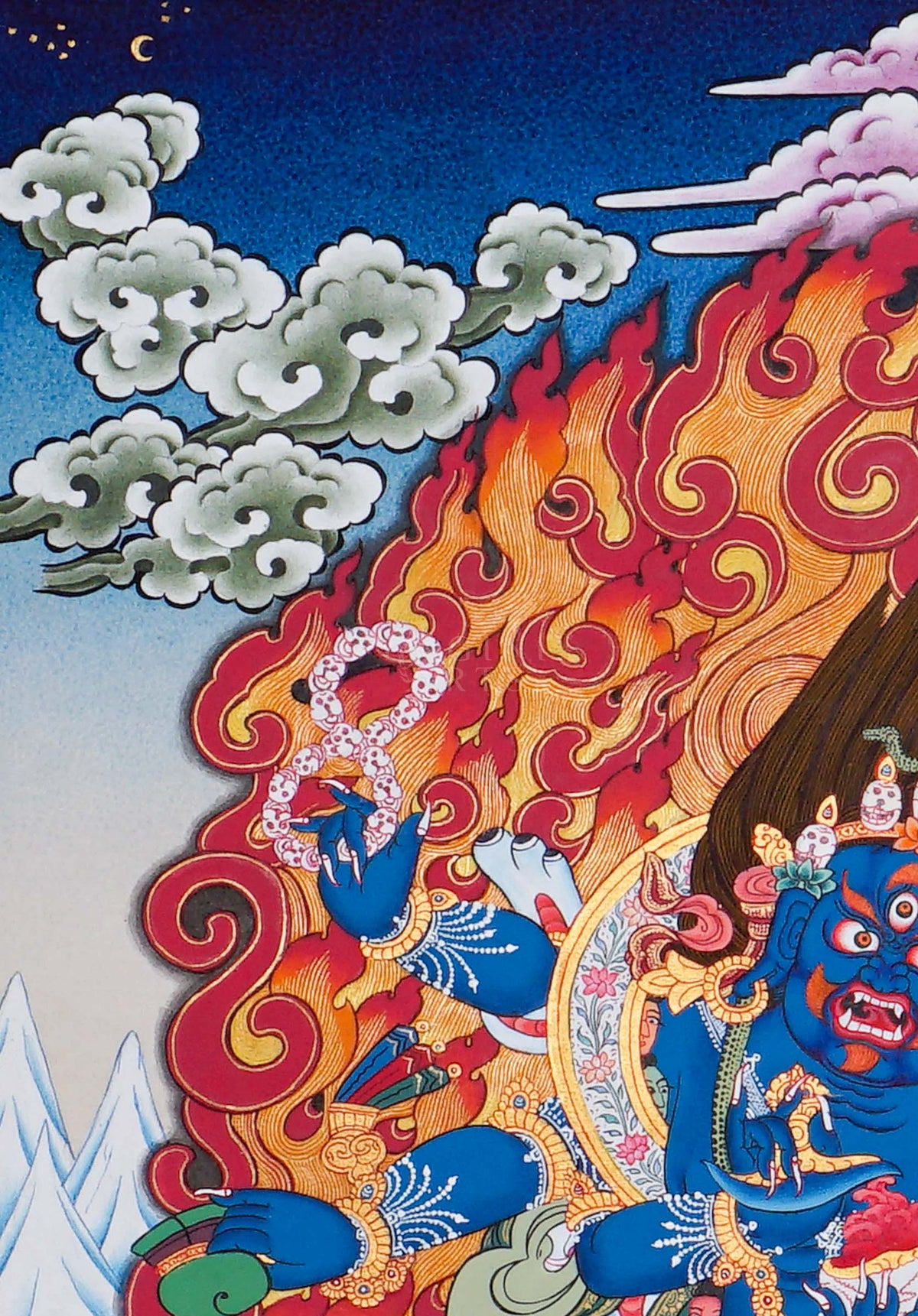 Mahakala Thangka painting depicting the blue Buddhist protector surrounded by sacred flames, lotus details and Himalayan landscape in traditional Tibetan Buddhist art from Nepal