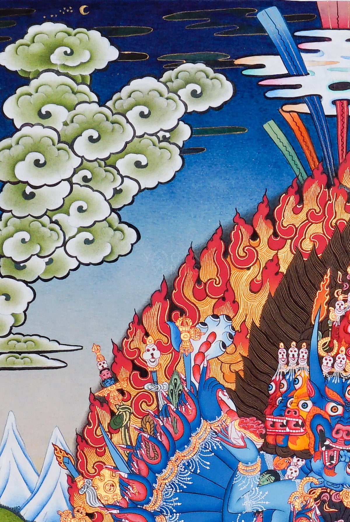 Yamantaka Thangka painting depicting the wrathful Buddhist deity surrounded by flames, symbolic figures, lotus petals and Himalayan landscape in traditional Tibetan Buddhist art from Nepal