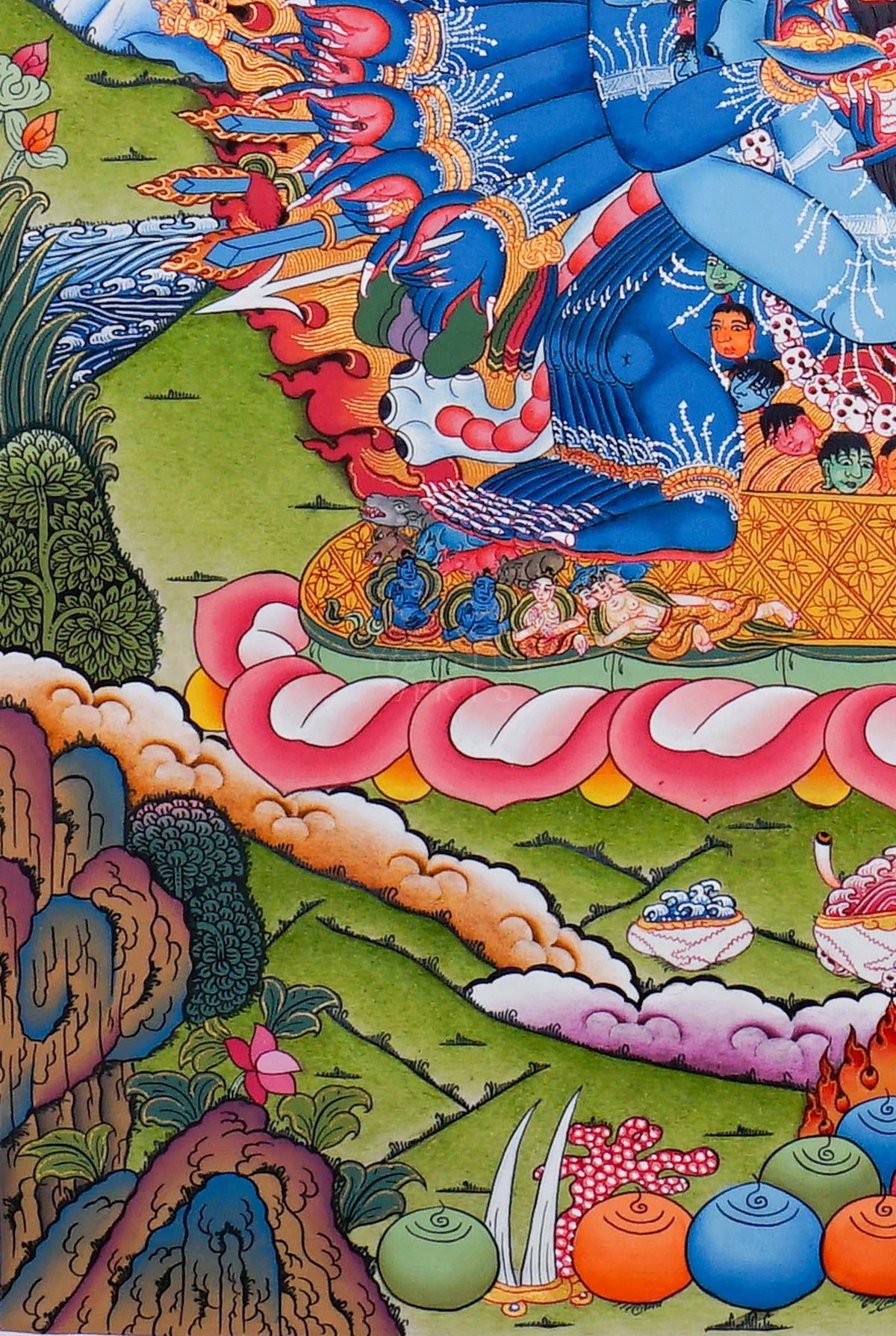 Yamantaka Thangka painting depicting the wrathful Buddhist deity surrounded by flames, symbolic figures, lotus petals and Himalayan landscape in traditional Tibetan Buddhist art from Nepal