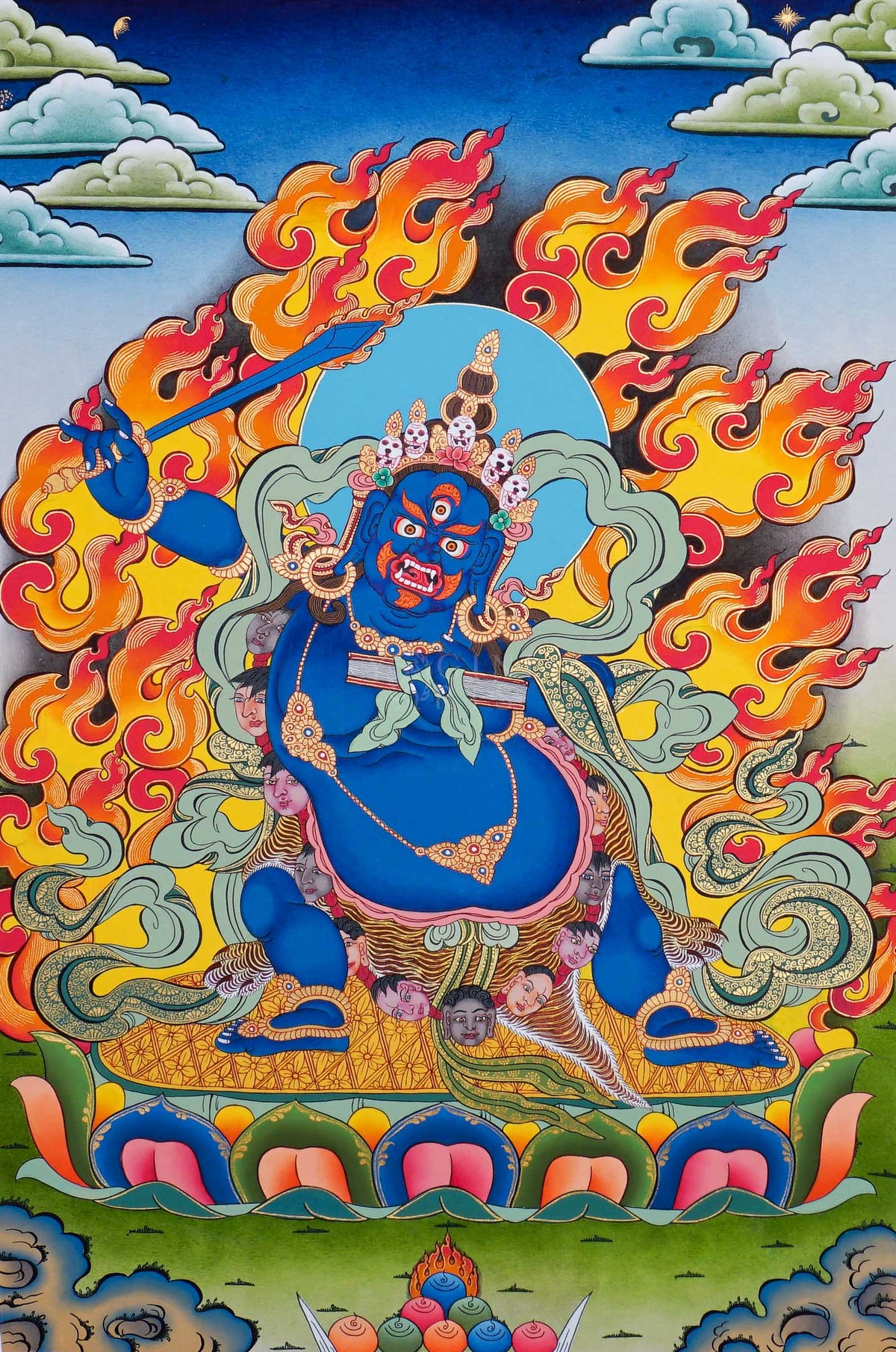 Black Manjushree Thangka painting in blue form with flaming aura, sacred sword, Buddhist symbols and lotus base in traditional Tibetan Buddhist art from Nepal