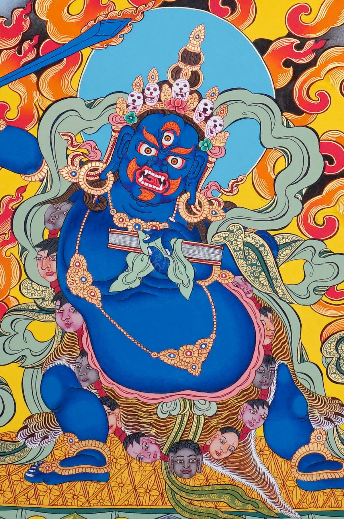 Black Manjushree Thangka painting in blue form with flaming aura, sacred sword, Buddhist symbols and lotus base in traditional Tibetan Buddhist art from Nepal