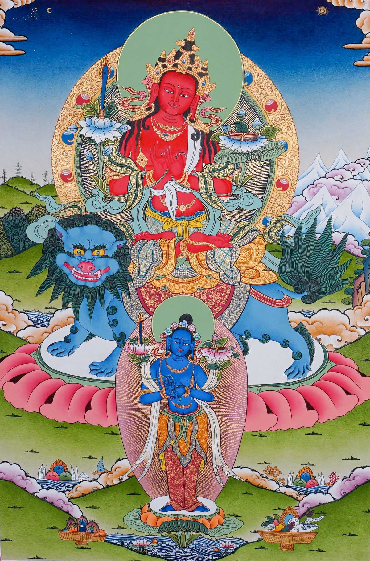 Hand painted Singha Manjushree Thangka painting depicting Manjushree seated on a snow lion in traditional Nepalese Buddhist art