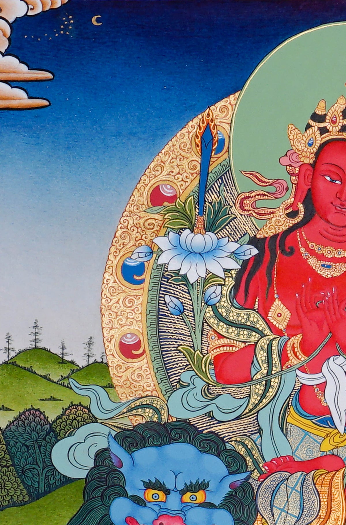 Hand painted Singha Manjushree Thangka painting depicting Manjushree seated on a snow lion in traditional Nepalese Buddhist art