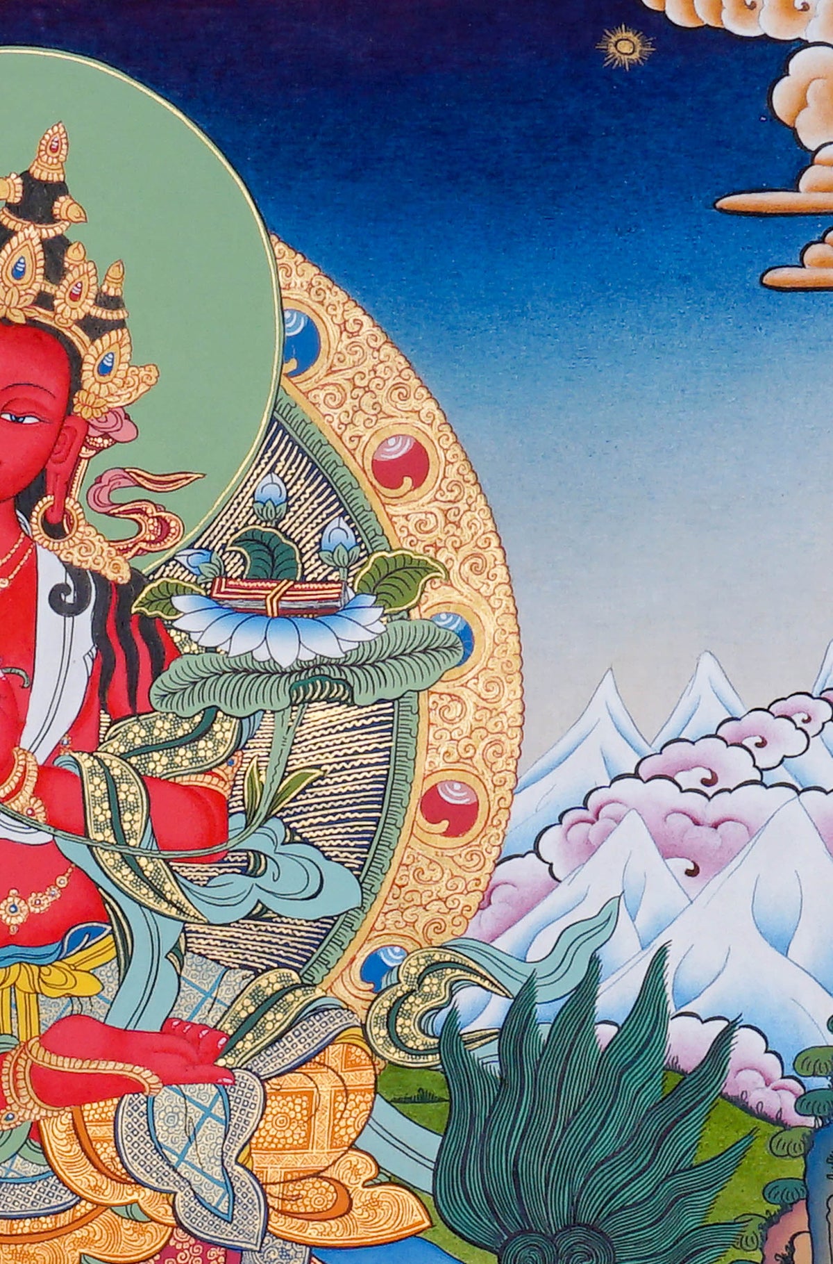 Hand painted Singha Manjushree Thangka painting depicting Manjushree seated on a snow lion in traditional Nepalese Buddhist art