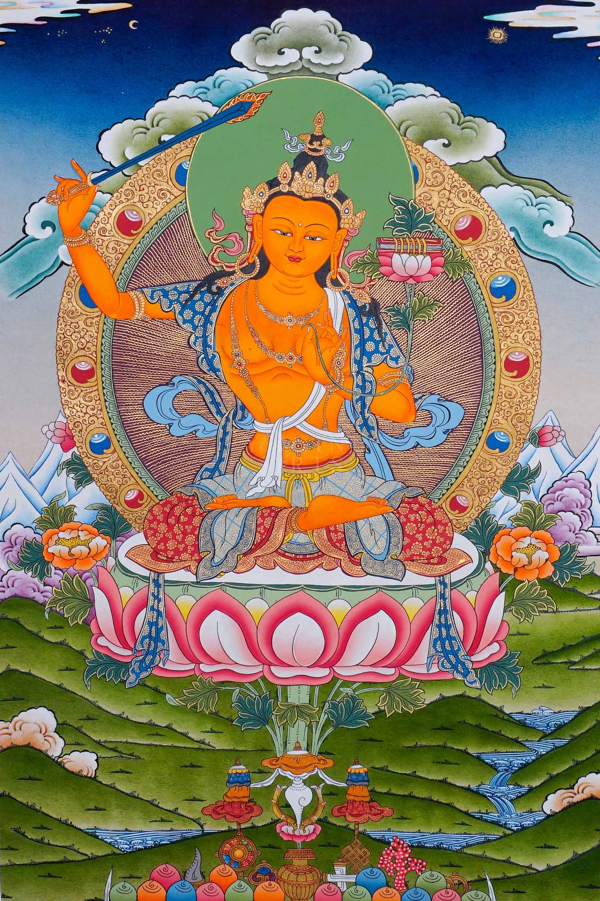 Hand painted Manjushree Thangka painting depicting the Buddhist deity of wisdom seated on a lotus throne in traditional Nepalese art