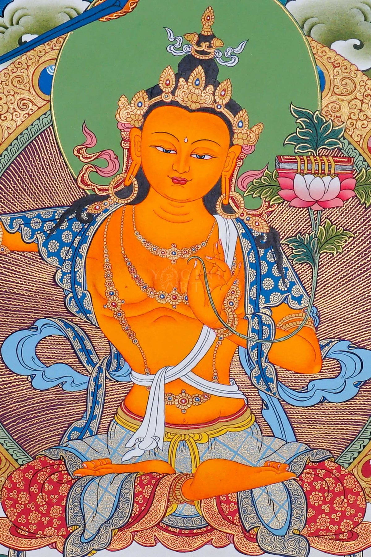 Hand painted Manjushree Thangka painting depicting the Buddhist deity of wisdom seated on a lotus throne in traditional Nepalese art