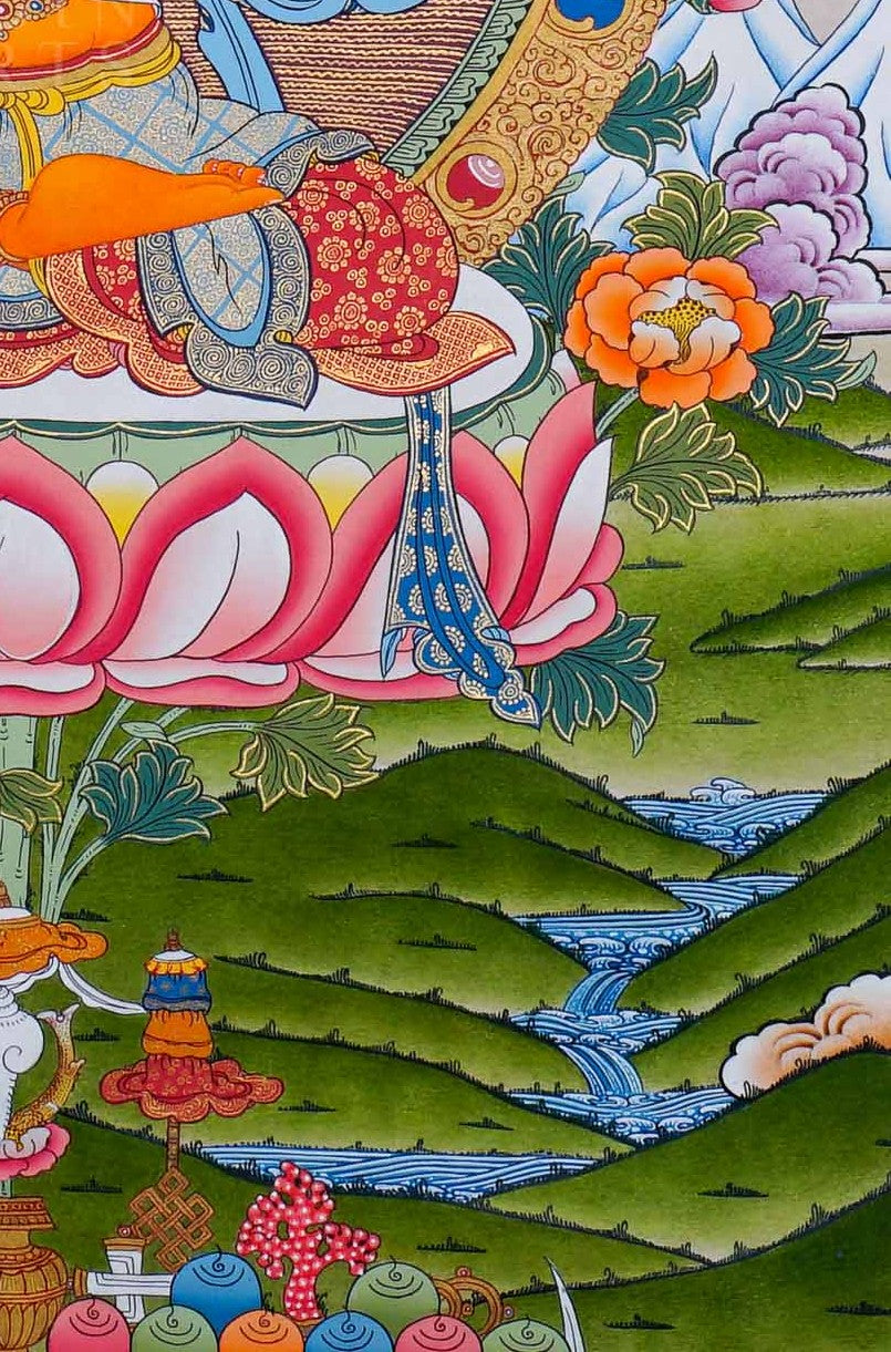 Hand painted Manjushree Thangka painting depicting the Buddhist deity of wisdom seated on a lotus throne in traditional Nepalese art