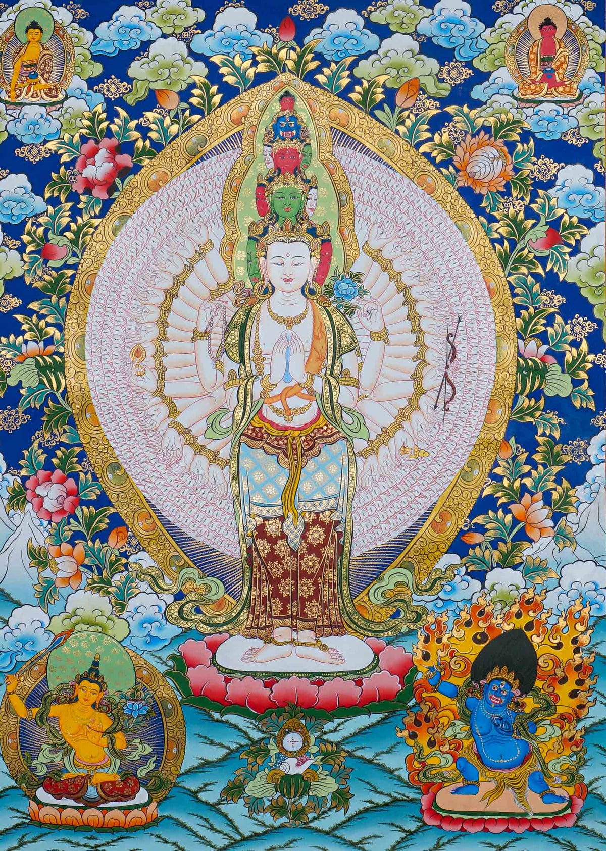 Hand painted Avalokeshwor Thangka painting depicting the compassionate Buddhist deity with multiple arms in traditional Nepalese Buddhist art