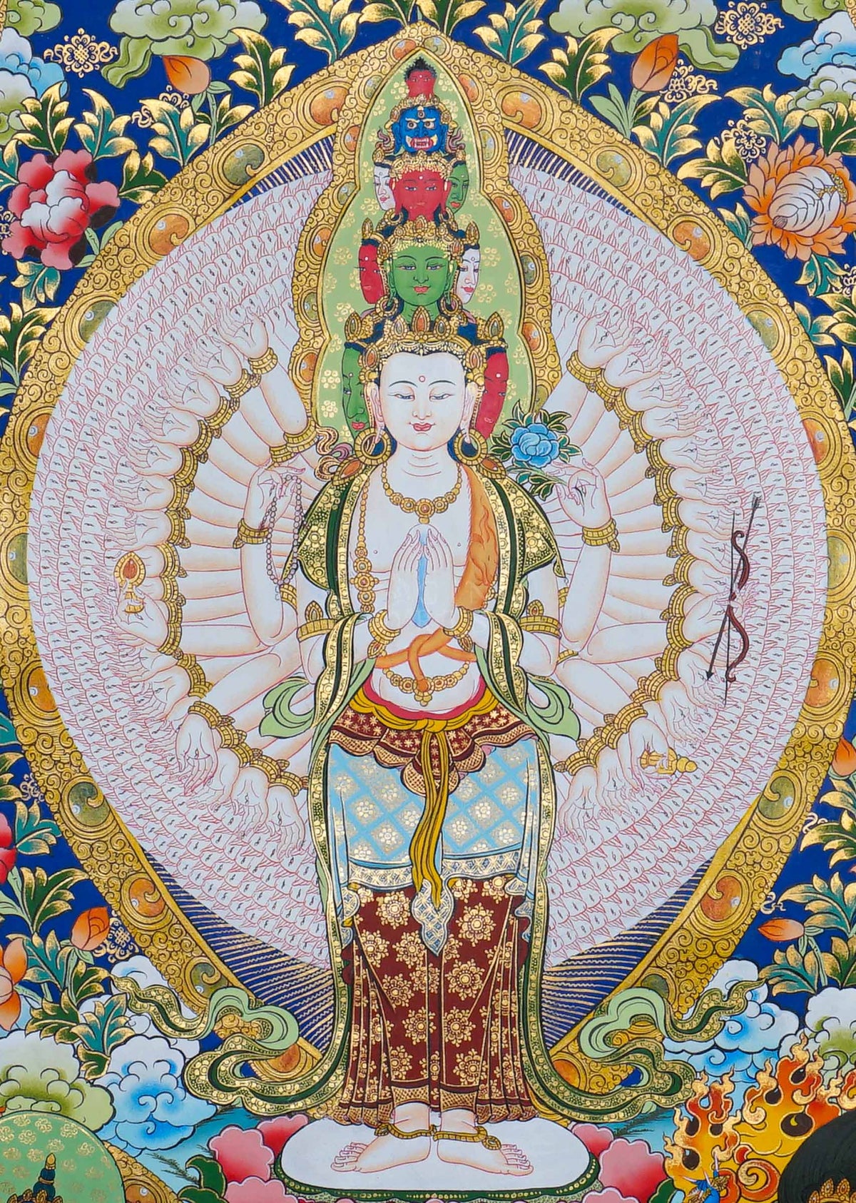 Hand painted Avalokeshwor Thangka painting depicting the compassionate Buddhist deity with multiple arms in traditional Nepalese Buddhist art